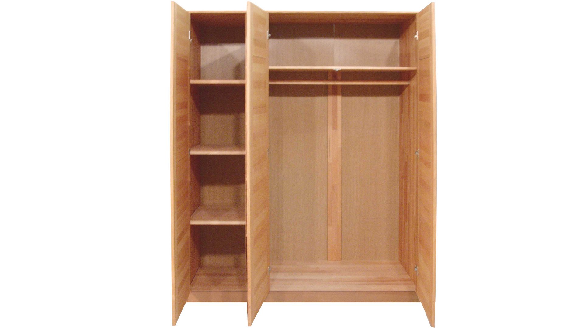 Offener Kleiderschrank aus Holz  links mit vier Einlegeböden  rechts mit Kleiderstange