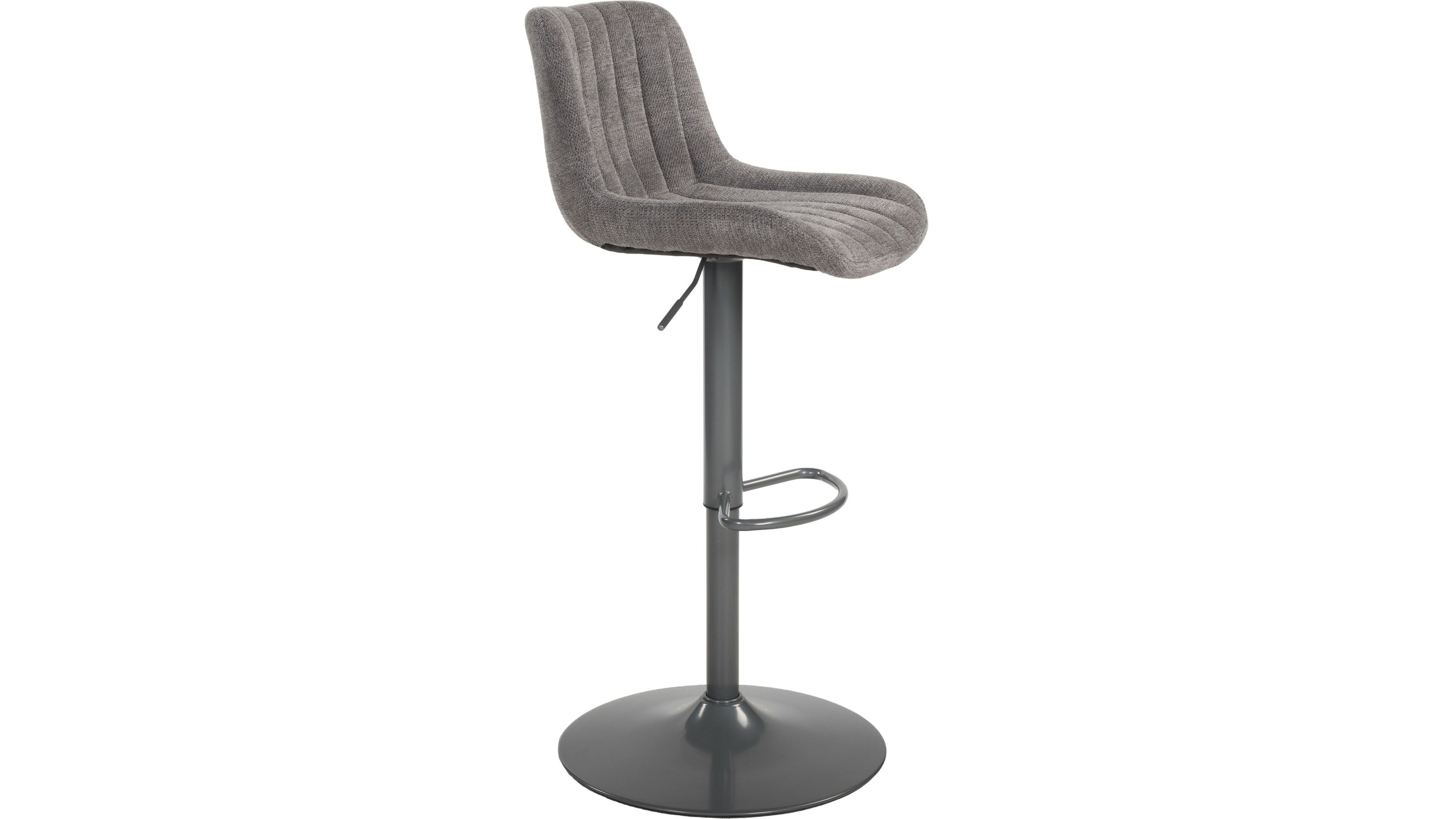 Barhocker mit gepolsterter Sitzfläche und Rückenlehne in grauem Stoff und grauem Metallfuß