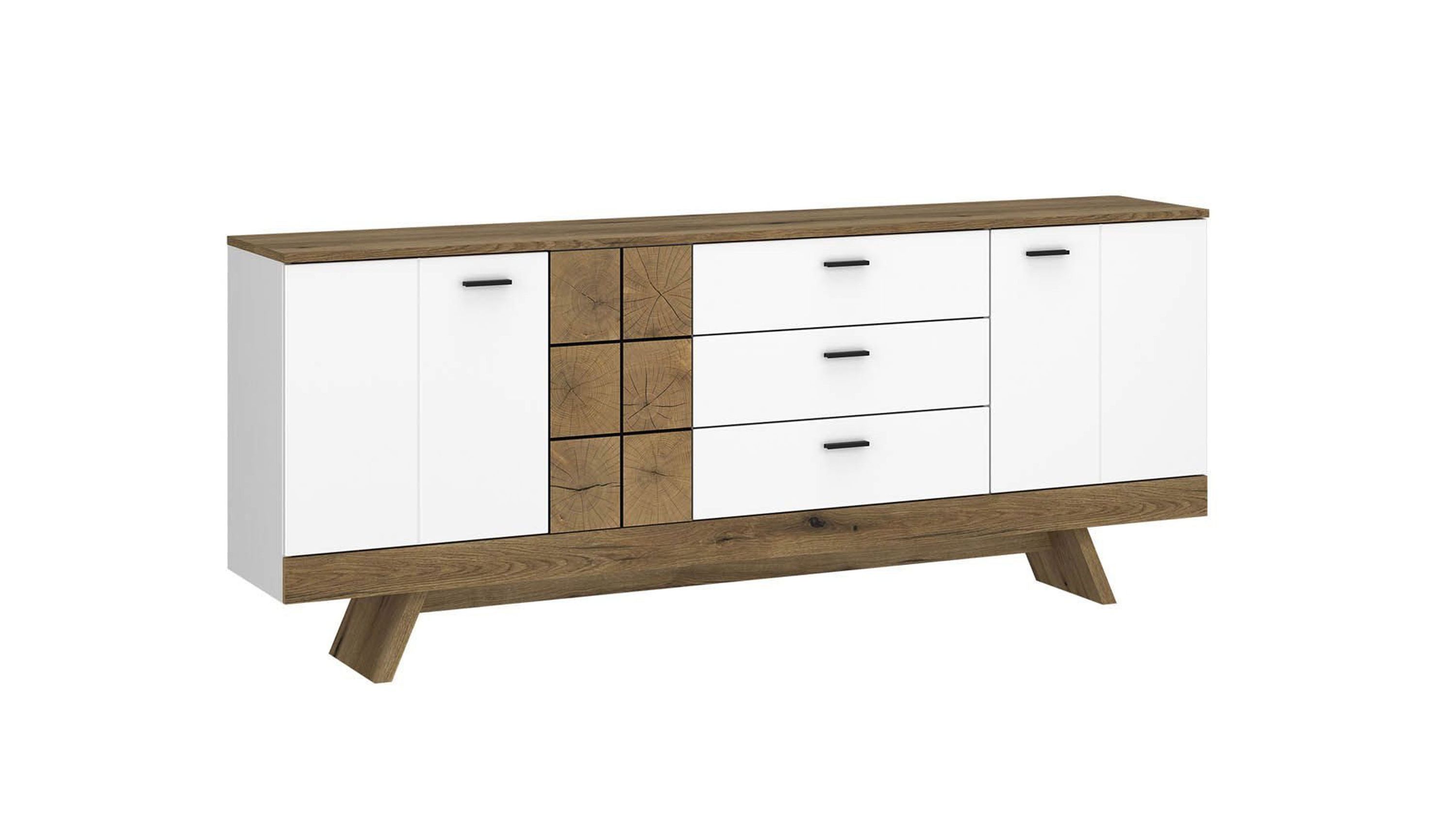 Sideboard mit weißen Türen und Eicheoptik Sideboard mit zwei weißen Türen drei weißen Schubladen und mittleren Holzfronten in Eicheoptik auf schrägen Beinen