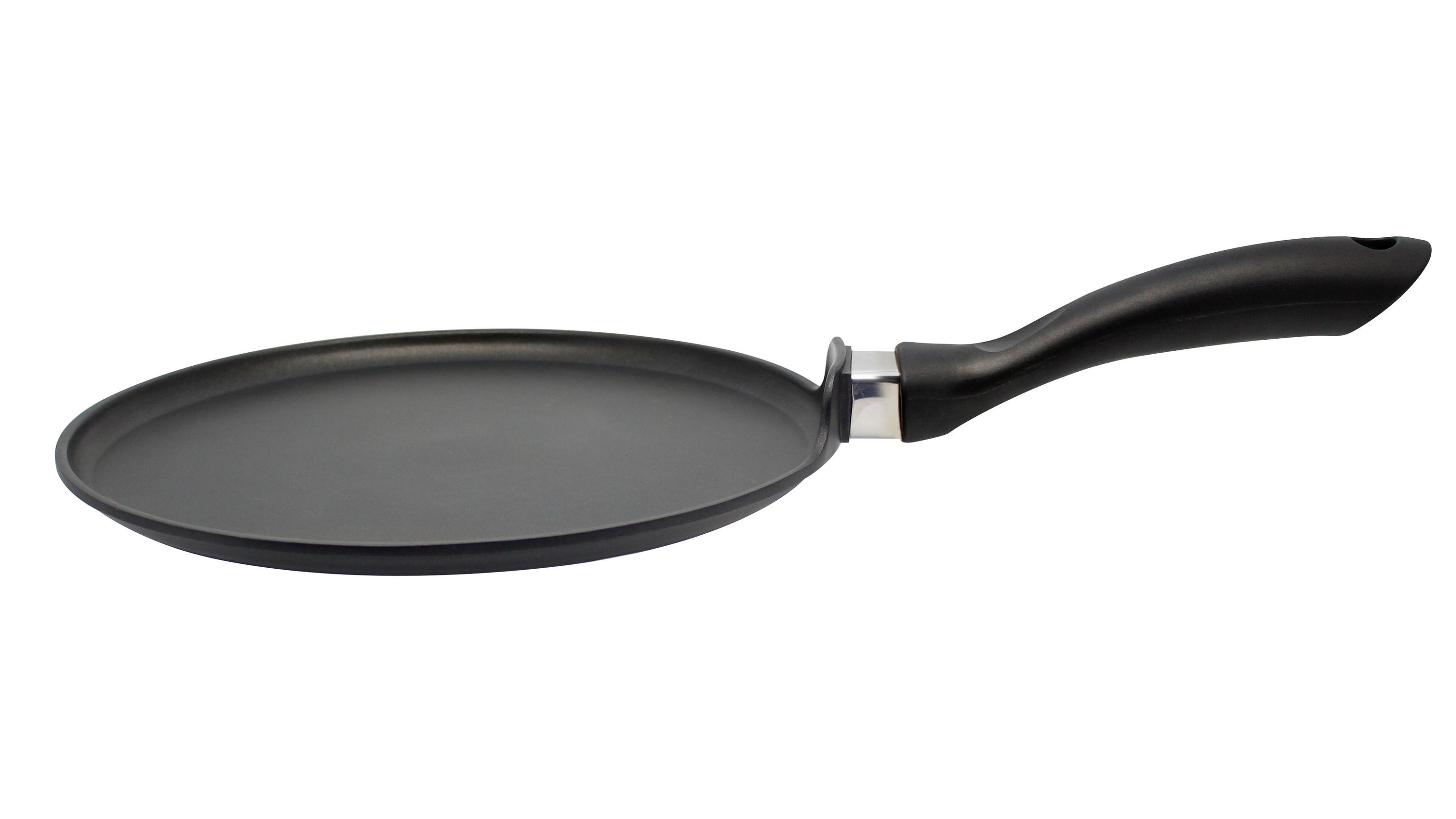 Schwarze flache Pfanne mit langem Griff für Crepes