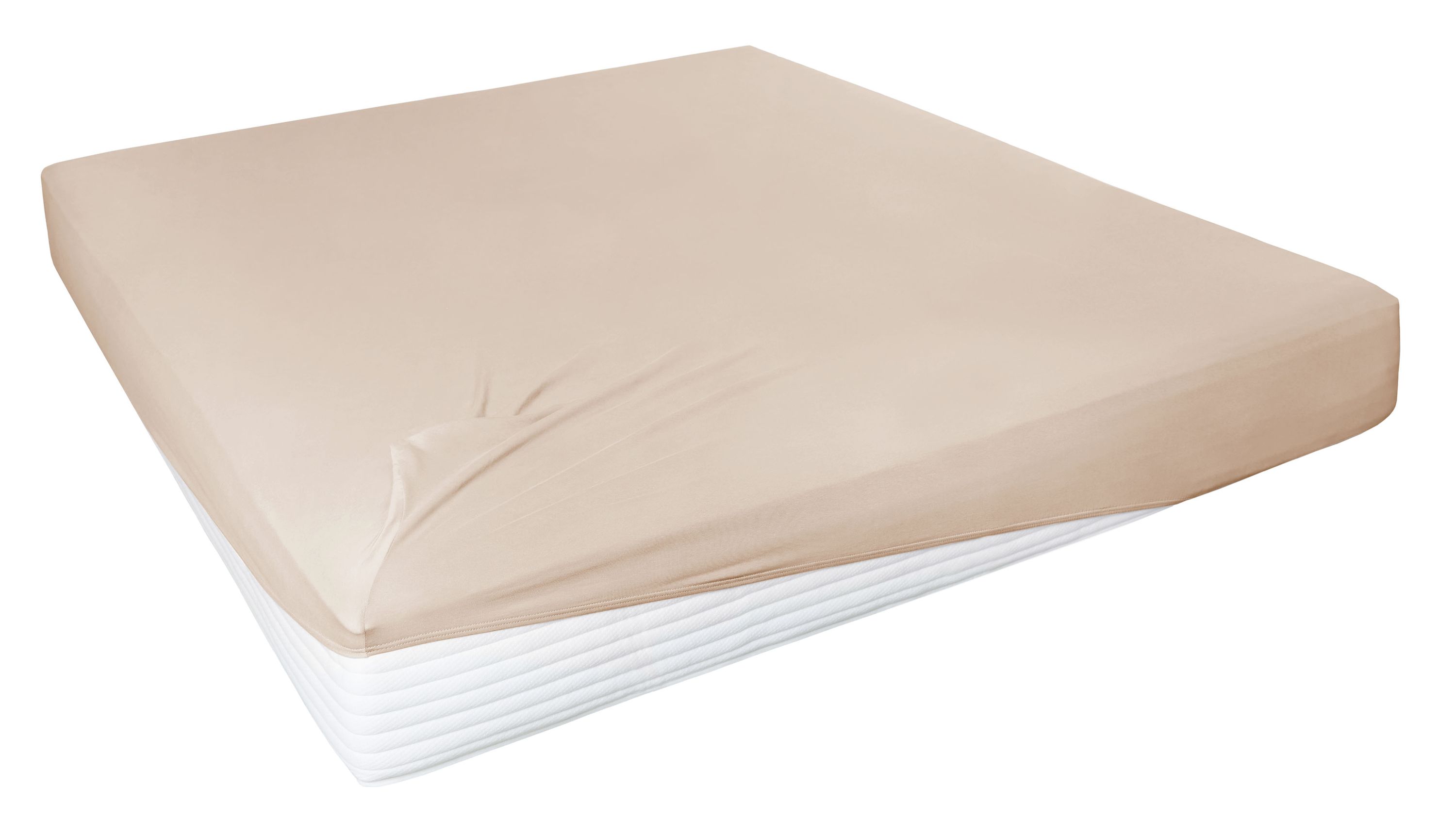 Spannbettlaken in beige auf einer weißen Matratze gespannt