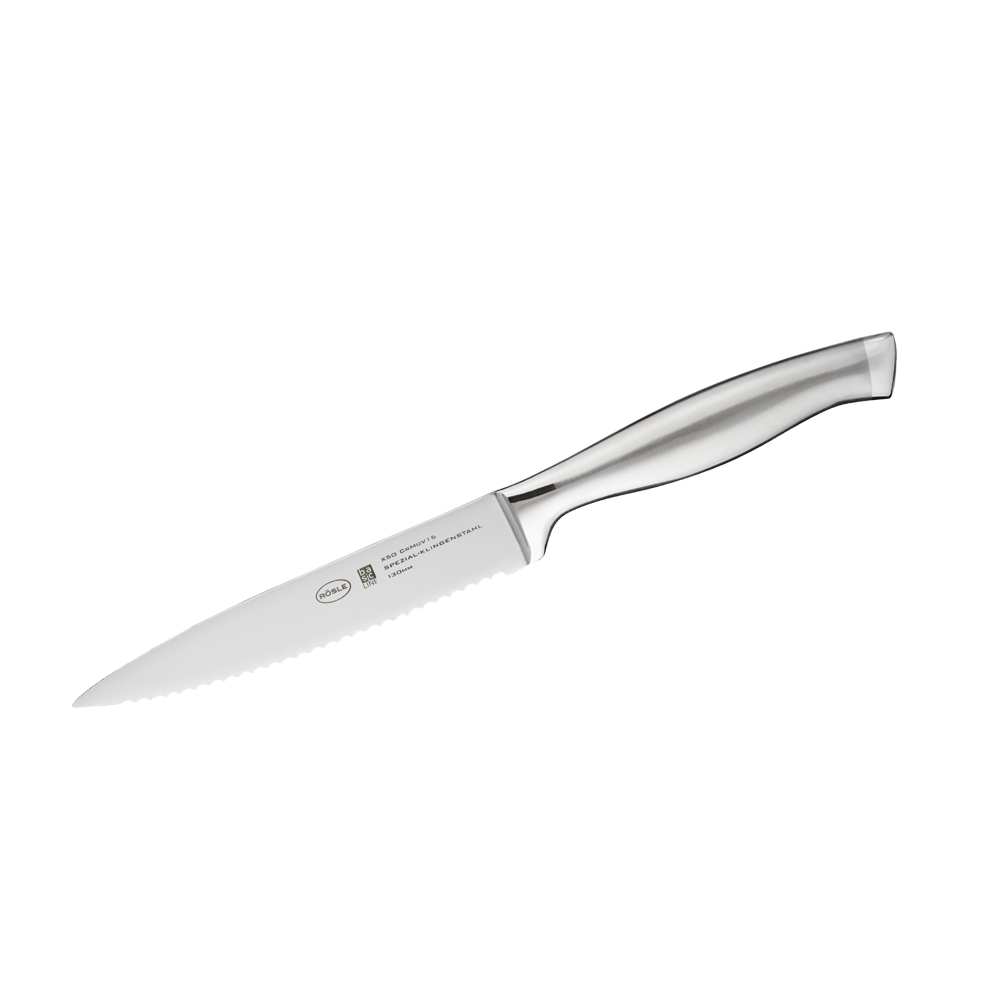 Universalmesser aus silberfarbenem Edelstahl mit grauem  ergonomischem Griff und Fingerschutz  aufgenommen frontal