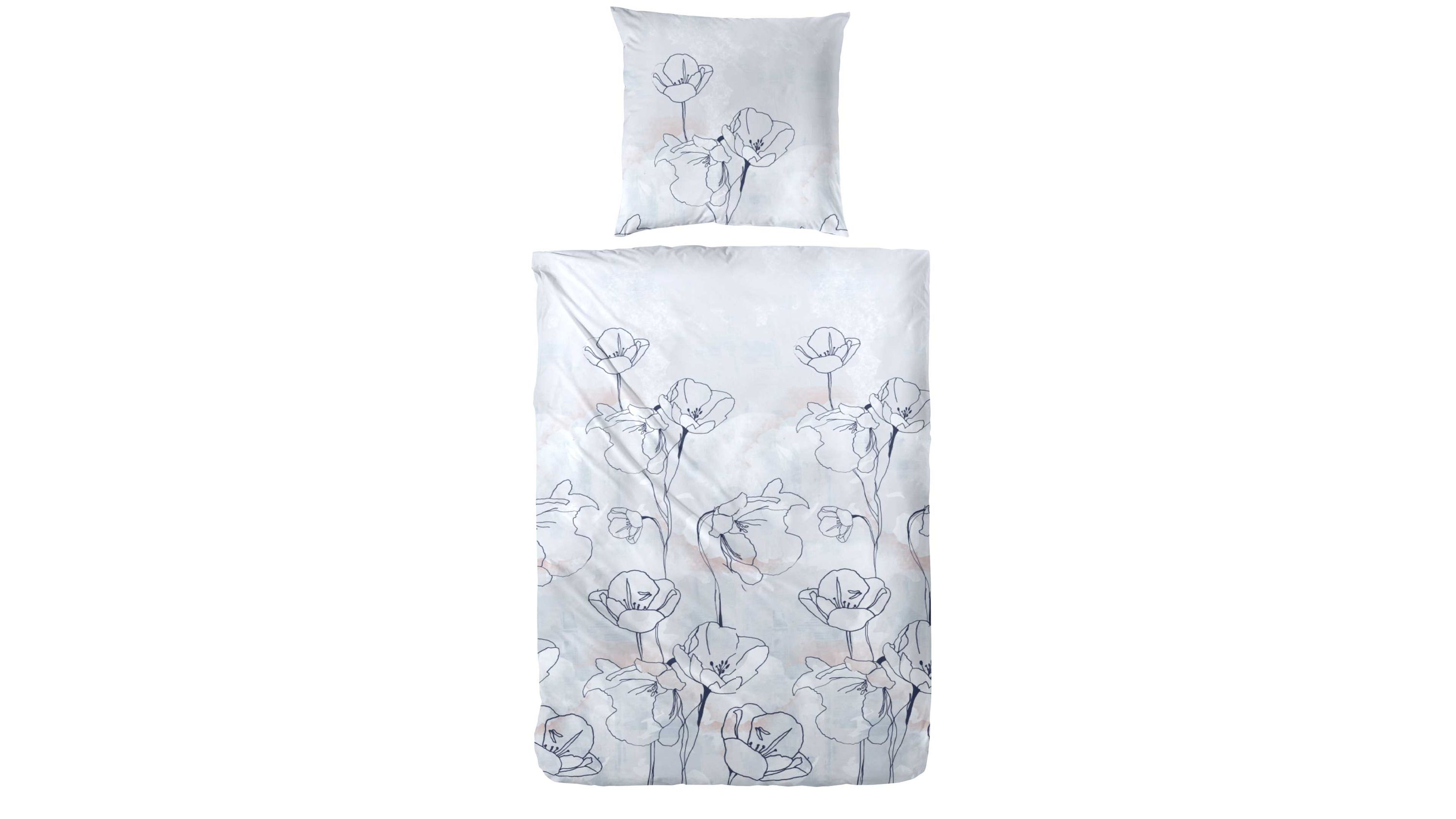 Bettwäsche-Set mit graublauem Blumenmuster auf Kissenbezug und Decke