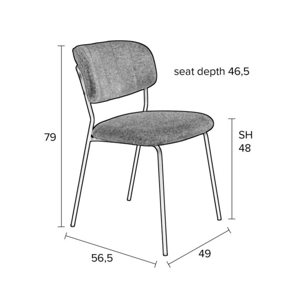 Stuhl mit Höhe 79 cm, Sitzhöhe 48 cm, Sitztiefe 46,5 cm, Breite 49 cm und Tiefe 56,5 cm, frontal dargestellt