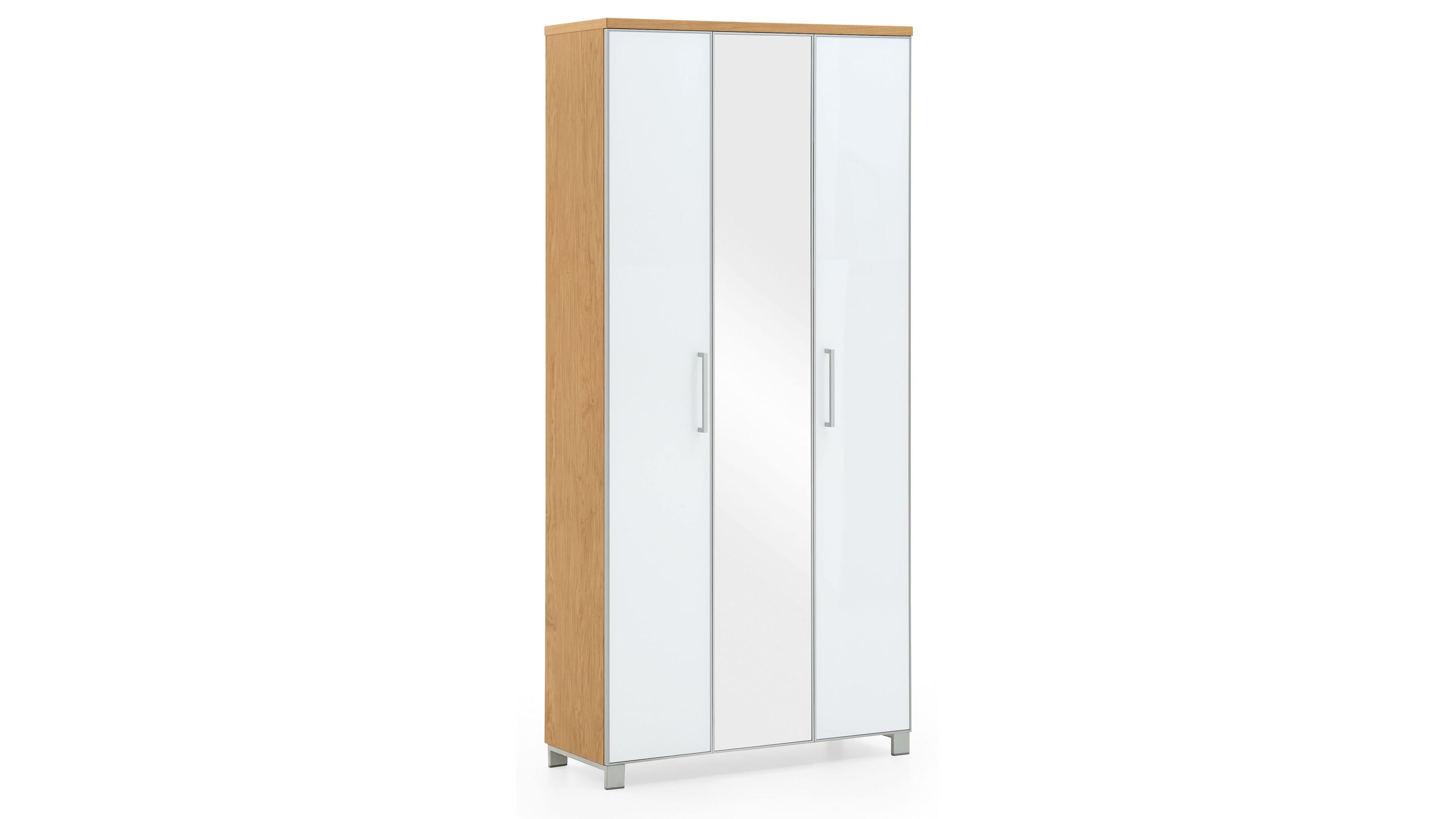 Garderobenschrank mit drei Türen und Spiegel in Holzoptik und Weiß Garderobenschrank mit drei Türen mittlere Tür mit Spiegel Seiten in Holzoptik Türen weiß