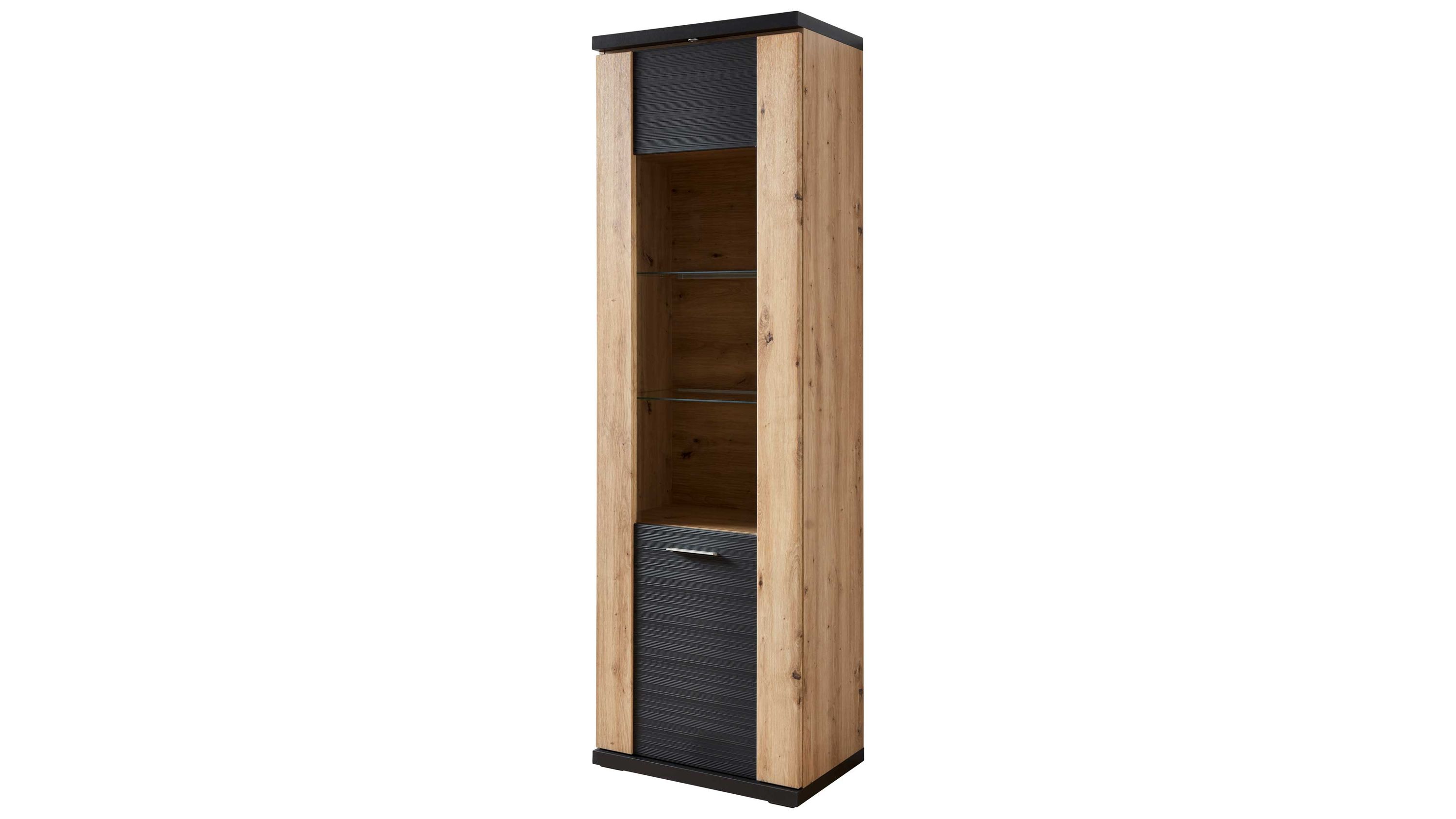 Vitrine mit einer Tür in Grau und Holzoptik Hohe Vitrine mit einer Tür links graue Fronten und hellbraune Seitenflächen