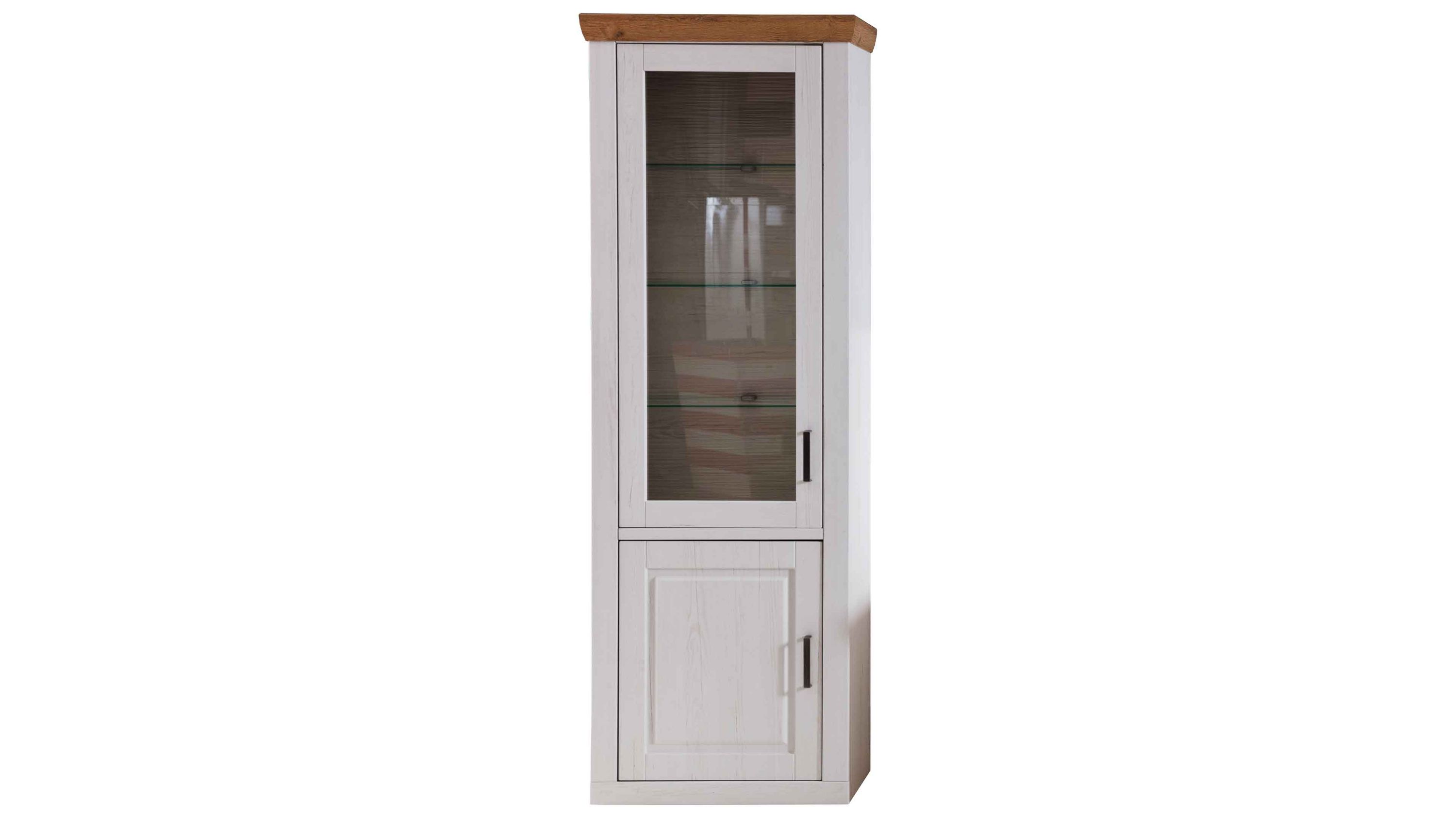 Hohe weiße Vitrine mit zwei Türen obere Tür mit Glas und Regalböden untere Tür aus Holz schwarze Griffe