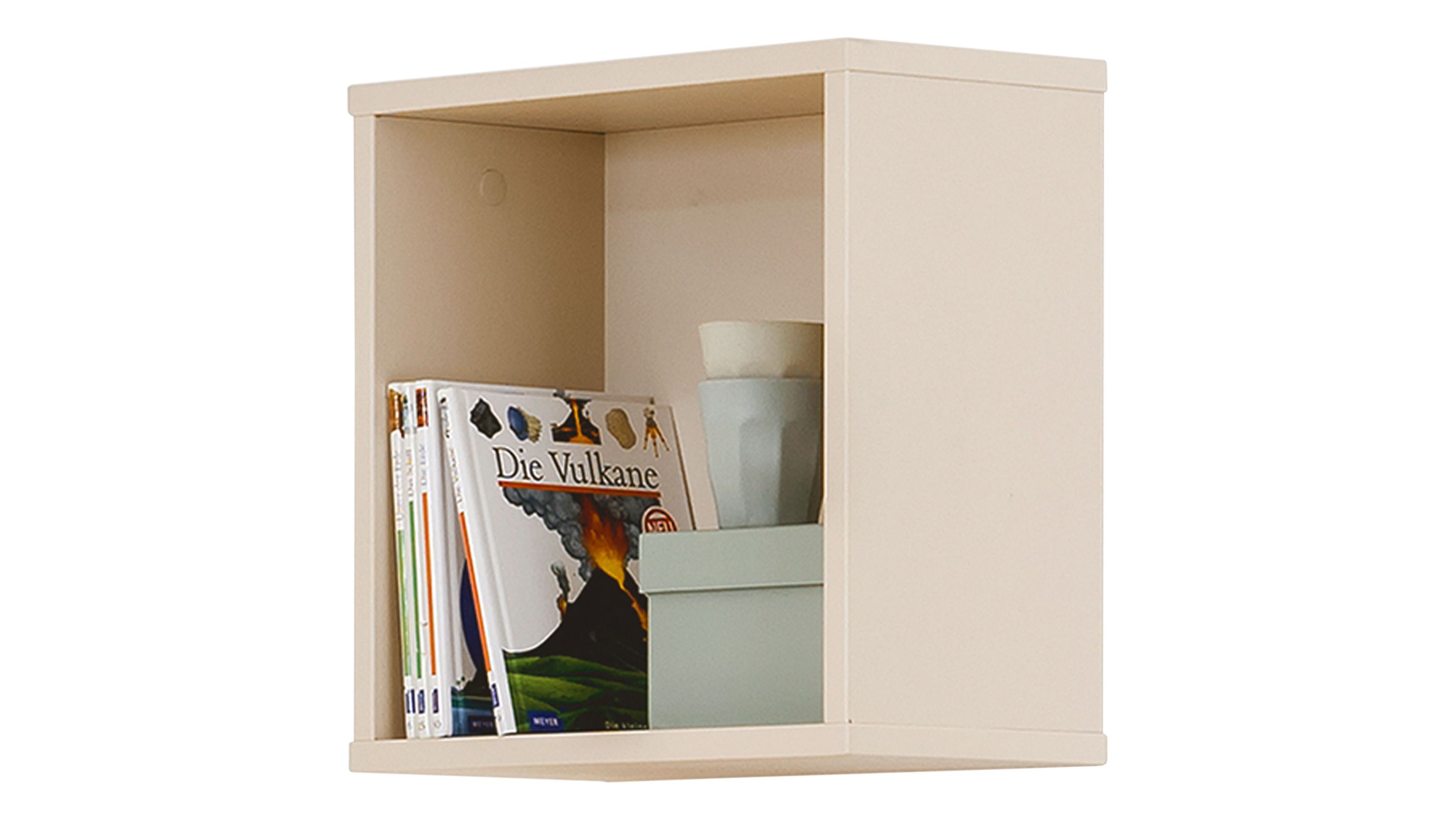 Quadratische Wandbox in beige mit offenen Fächern gefüllt mit Büchern und kleinen Behältern