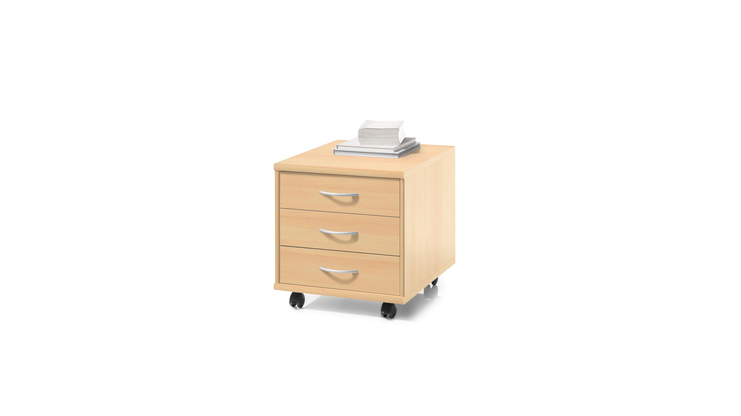 Rollcontainer mit drei Schubladen und Rollen Rollcontainer mit drei Schubladen und buchefarbener Oberfläche auf Rollen