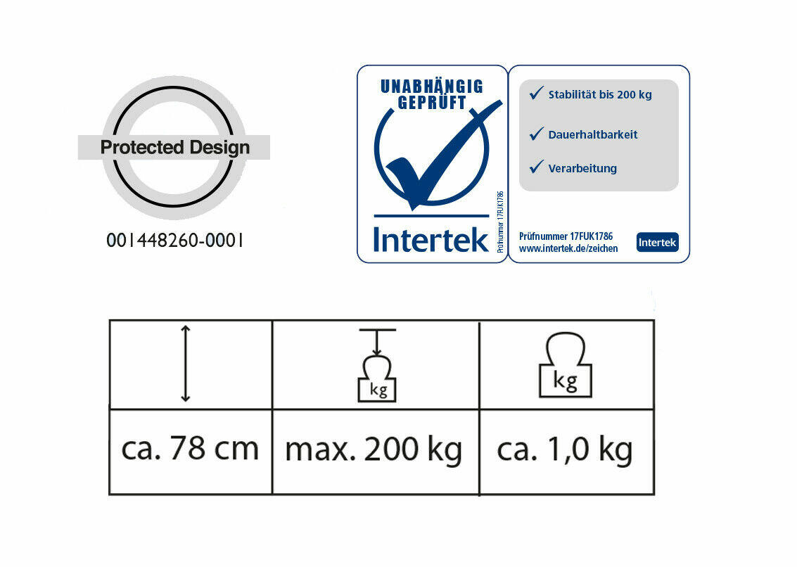 Infografik mit Prüfsiegeln „Protected Design“, „Intertek“ und Symbolen zu Maßen: 78 cm H, 200 kg Tragkraft, 1 kg Eigengewicht