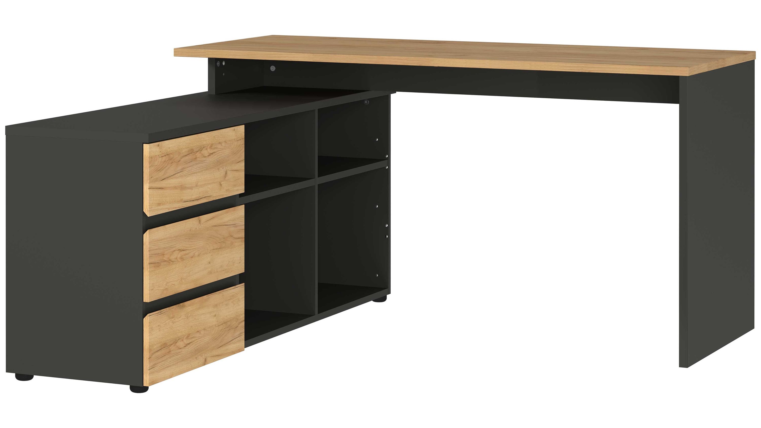 Eckschreibtisch mit Stauraum und Holzfronten Eckschreibtisch mit graphitfarbenem Gestell und hellen Holzfronten zwei Türen und drei Schubladen