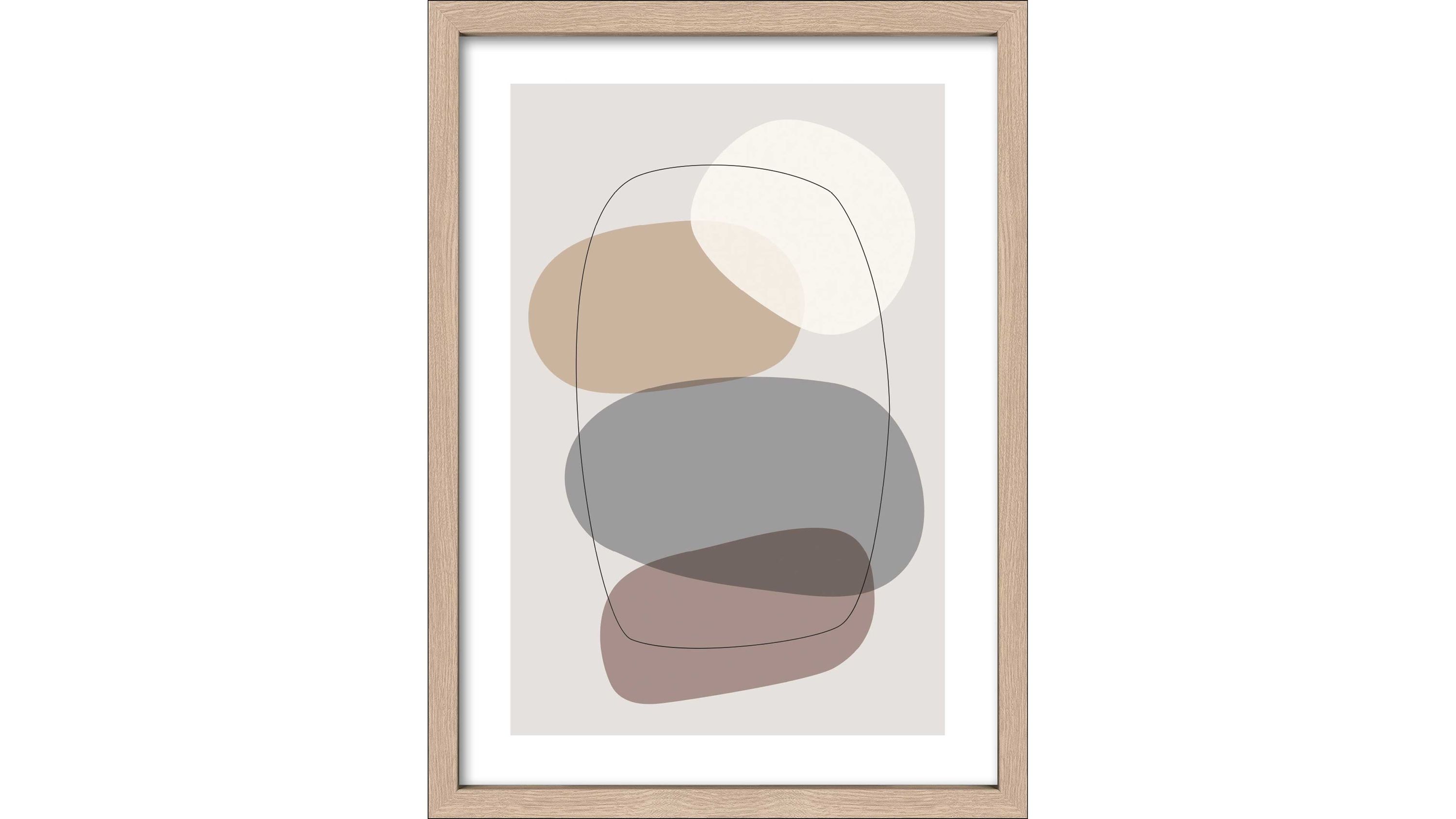 Kunstdruck mit abstrakten organischen Formen in Beige Grau Braun und Weiß in hellem Holzrahmen