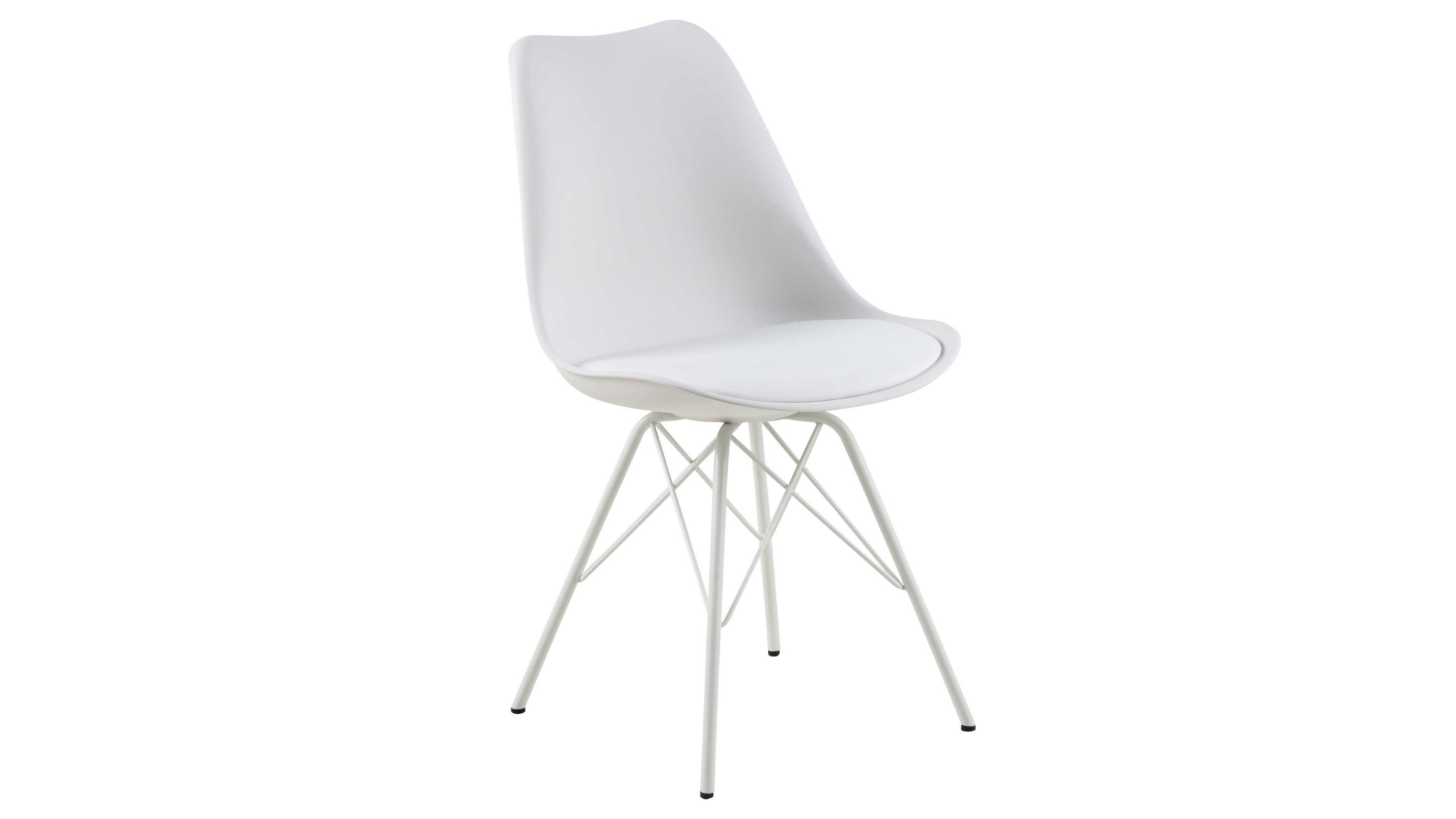 Weißer Polsterstuhl mit ergonomisch geformter Rückenlehne und weißen Metallbeinen