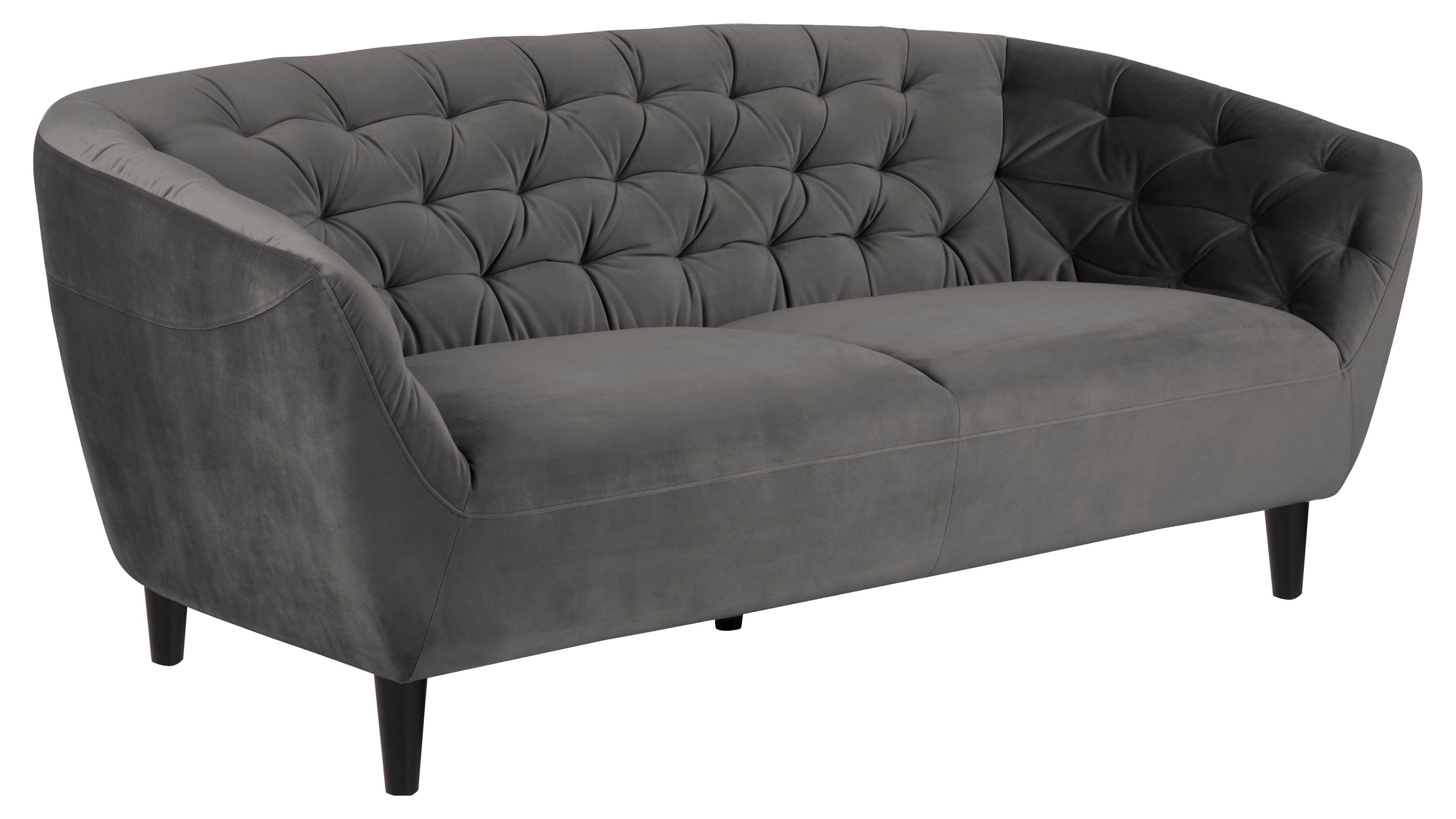 Dunkelgraues Dreisitzer-Sofa mit gepolstertem Rücken und schwarzen Holzfüßen