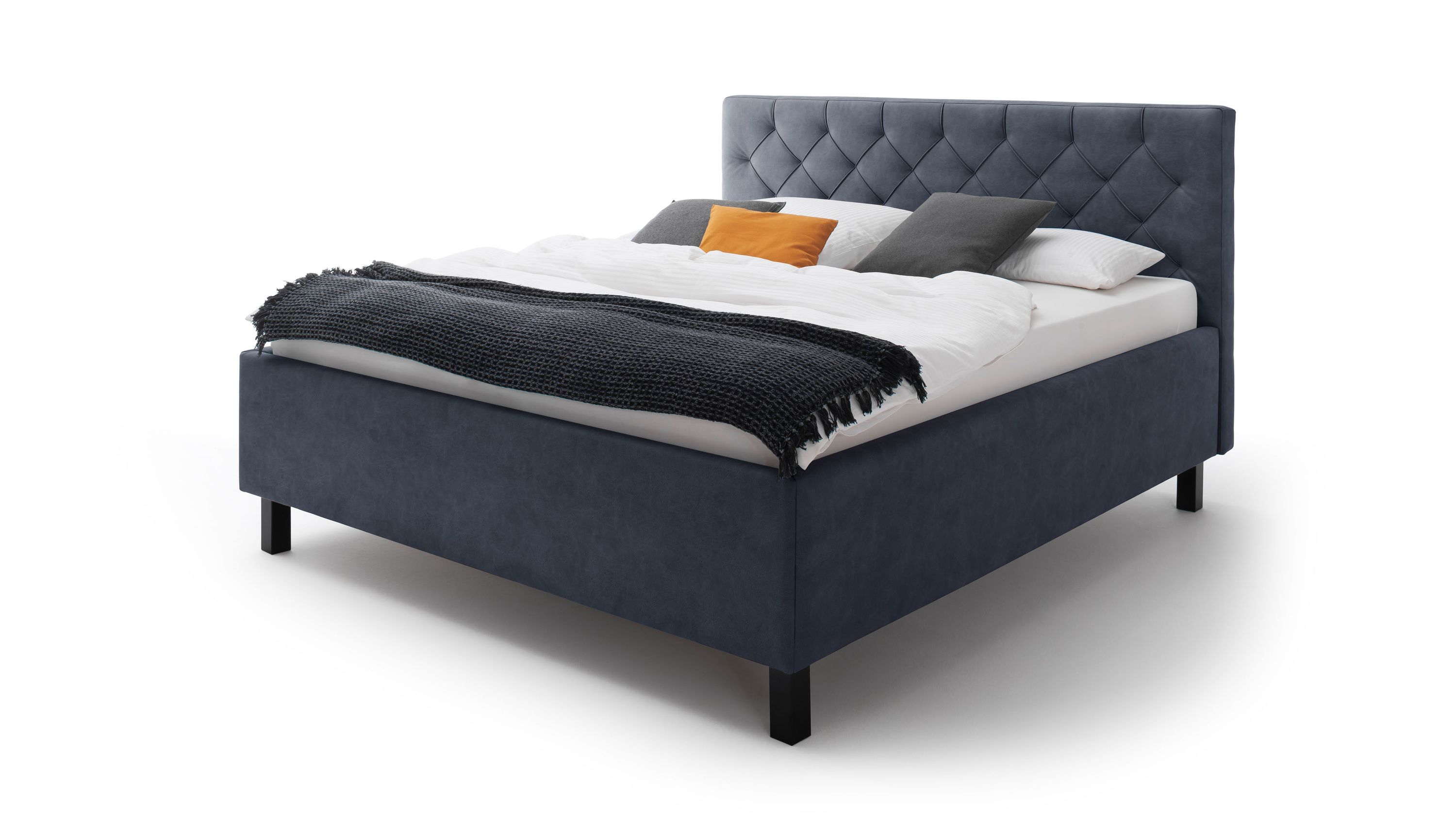Polsterbett mit taubenblauem Bezug und Steppkopfteil Polsterbett mit taubenblauem Bezug schwarzem Kopfteil mit Steppmuster und schwarzen Holzfüßen