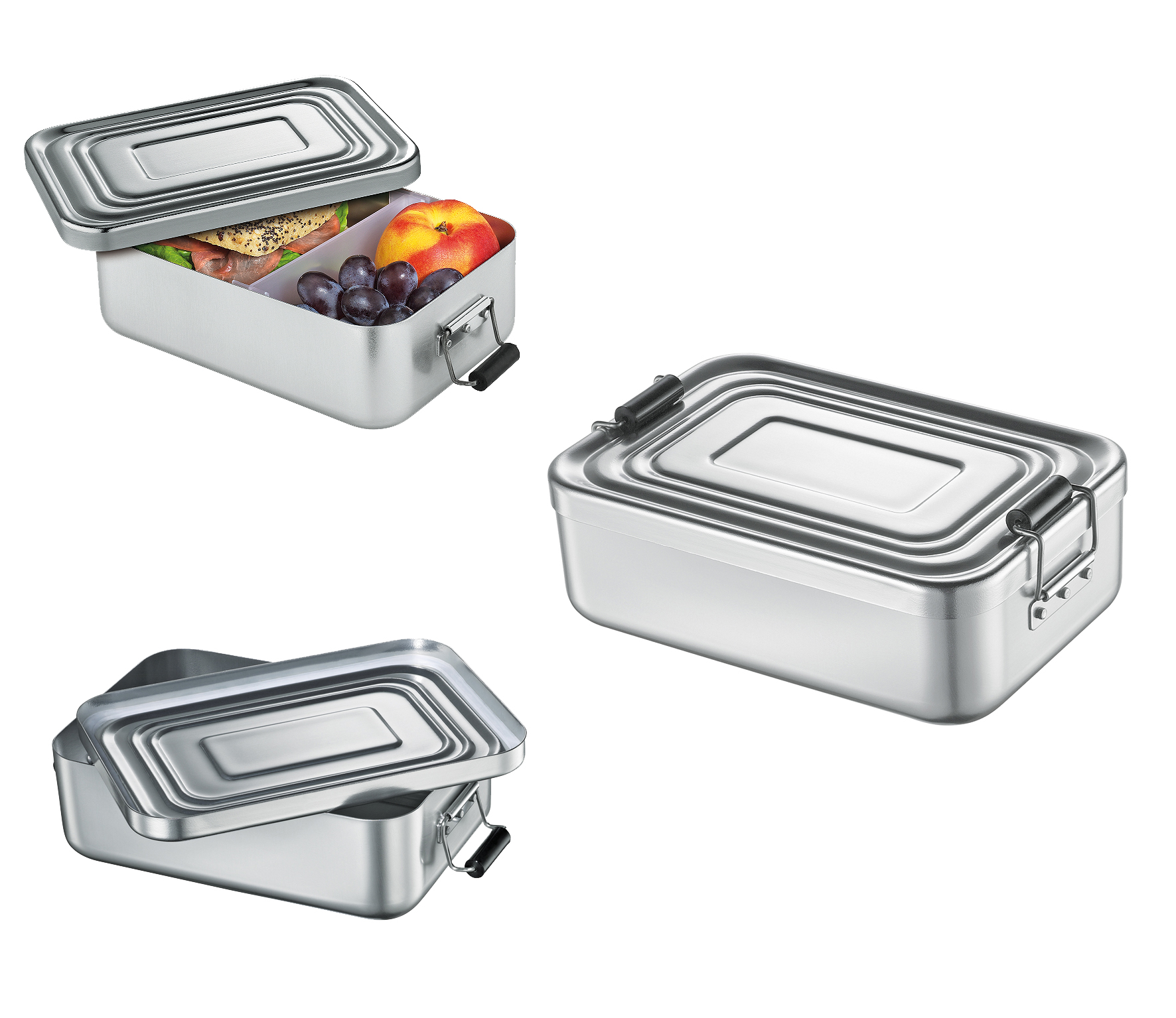aluminium lunchbox mit trennsteg und vesperinhalt Offene Lunchbox mit Trennsteg zeigt belegtes Brot  Gemüse und Obst; zwei geschlossene Boxen daneben