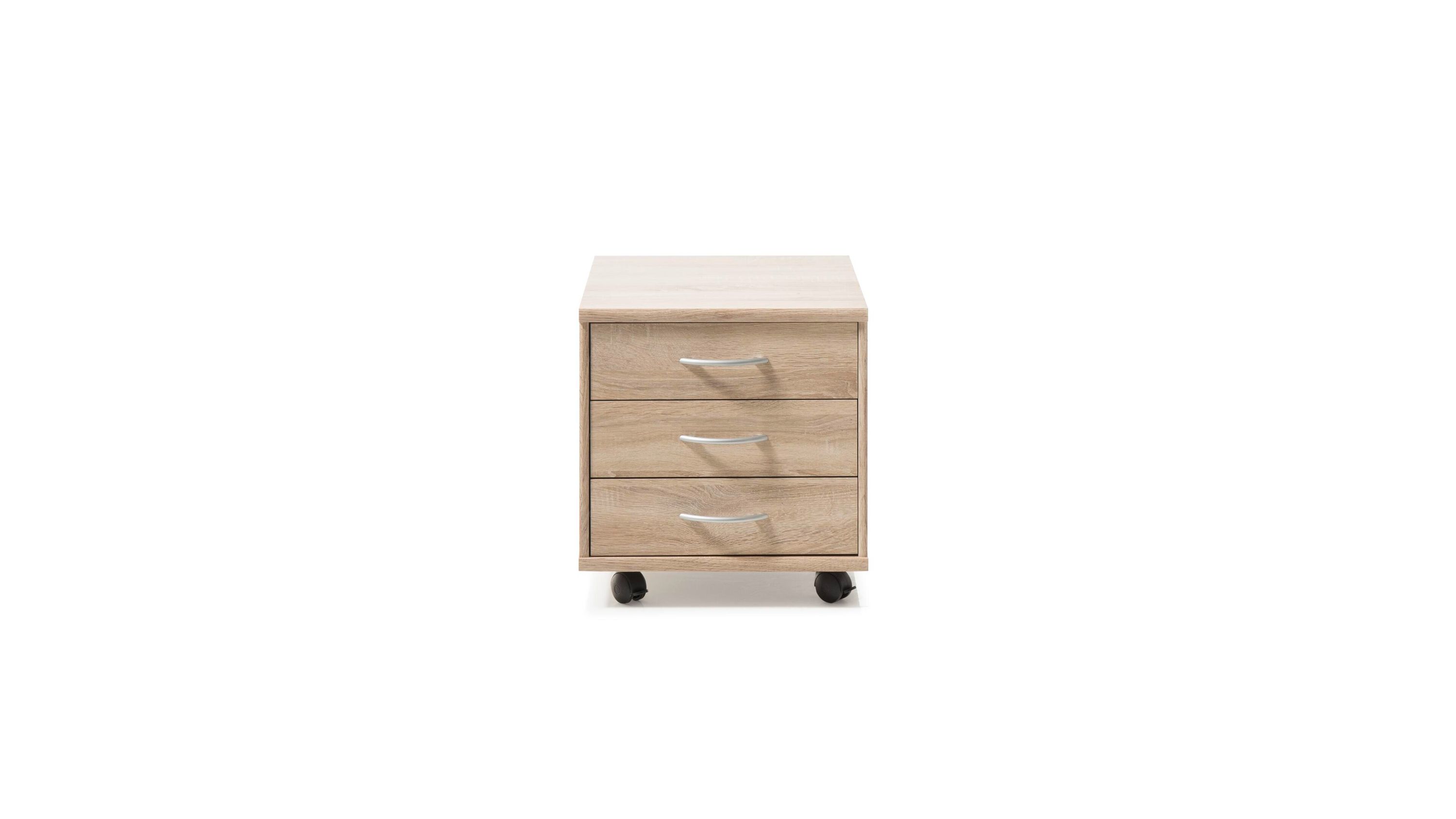 Rollcontainer mit drei Schubladen und eichefarbener Oberfläche auf Rollen