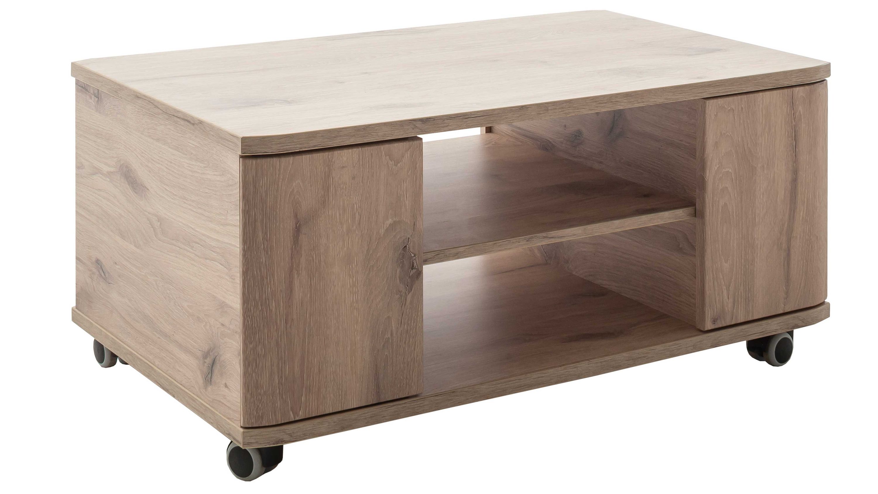 Couchtisch mit Ablagefach und Türen auf Rollen in Holzoptik Rechteckiger Couchtisch in Holzoptik mit zwei Türen und Ablagefach auf Rollen