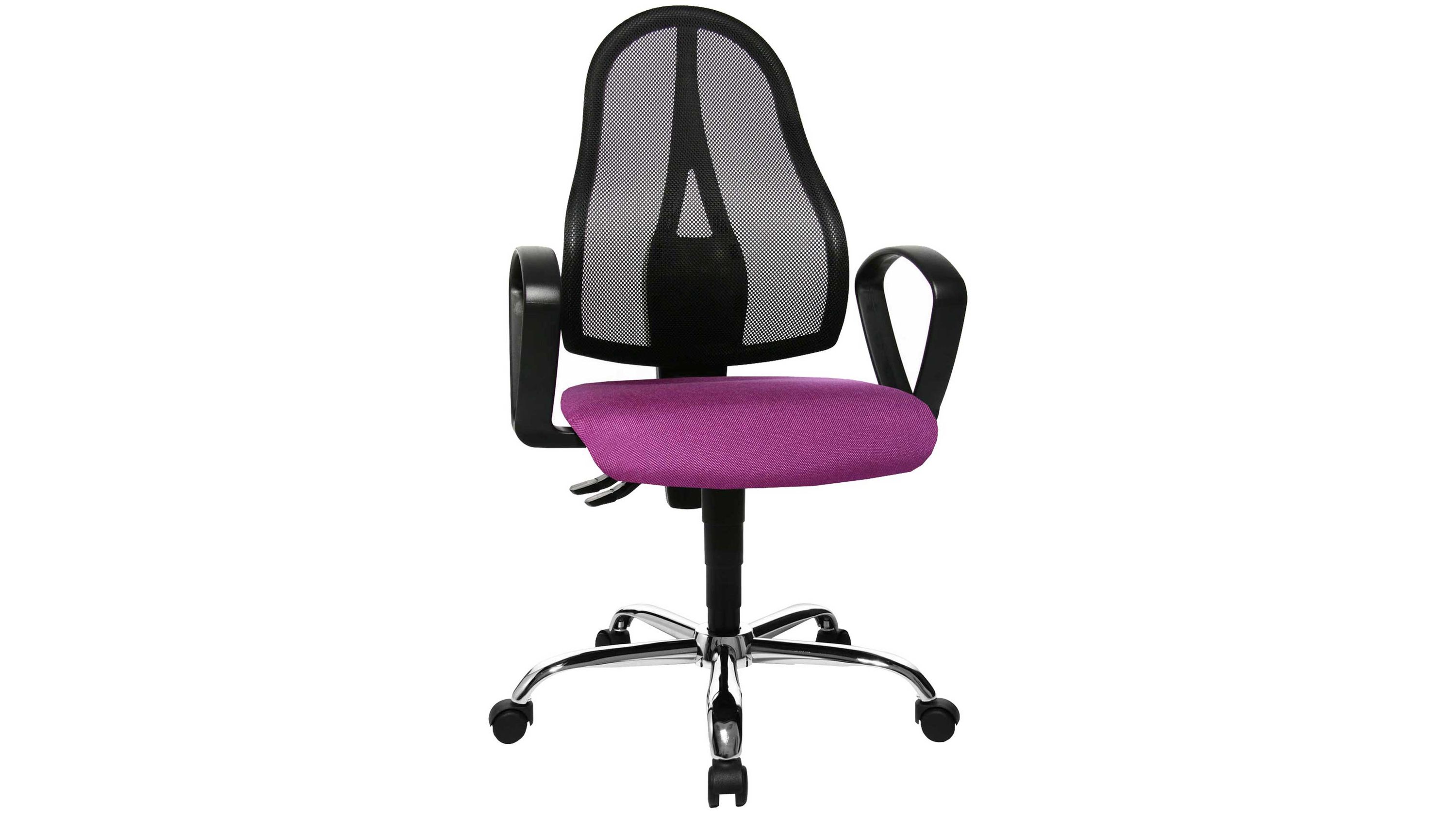 Ergonomischer Drehstuhl mit Netzrückenlehne und lilafarbenem Sitz Drehstuhl mit lilafarbenem Sitzbezug schwarzer Netzrückenlehne Armlehnen und verchromtem Drehkreuz mit Rollen