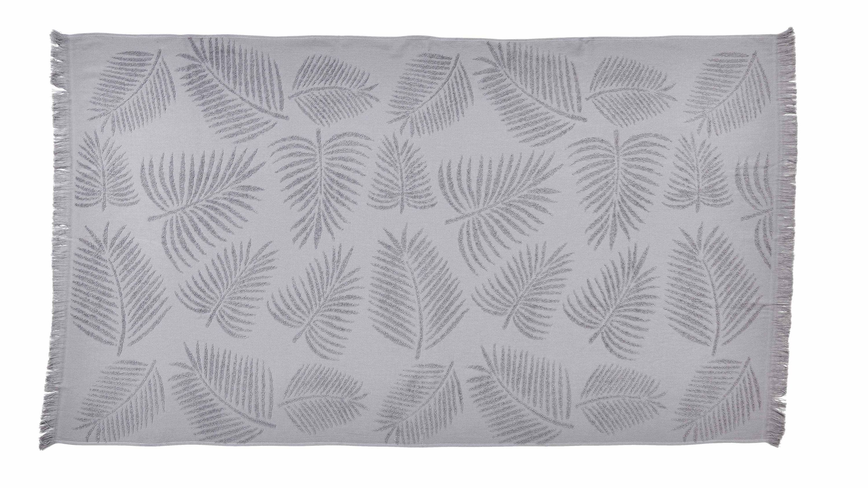 Rechteckiges Hamamtuch in silber mit Palmwedel-Motiv und Fransen an den kurzen Seiten