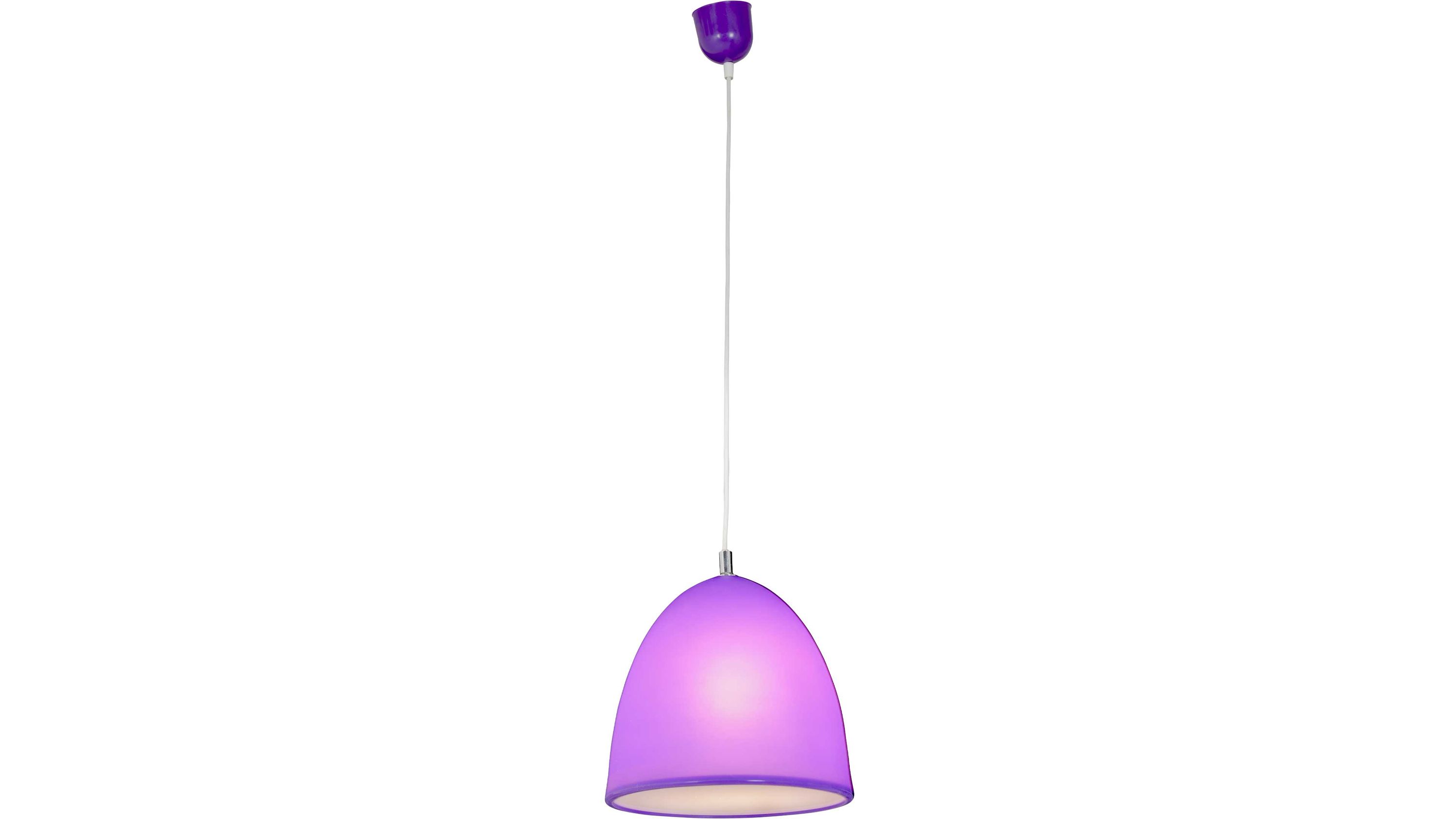 Hängelampe mit lilafarbenem Lampenschirm Hängelampe mit glockenförmigem lilafarbenem Lampenschirm und weißem Kabel