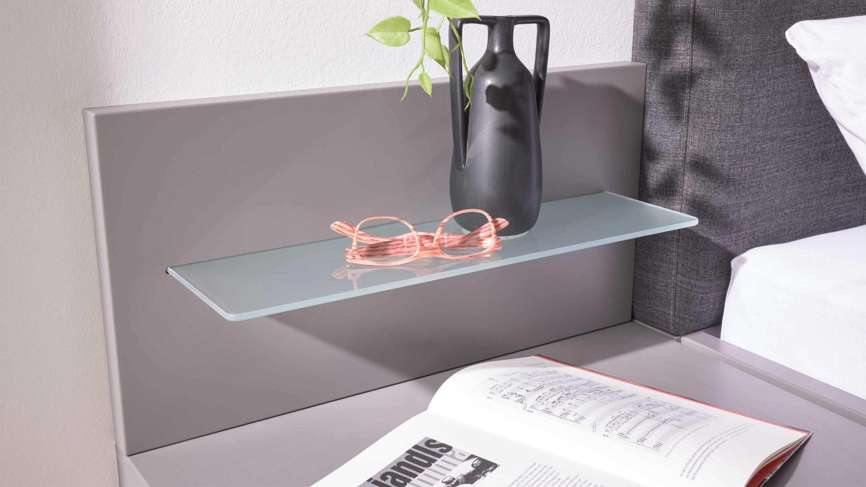 Rechteckiges graues Paneel mit schwebendem Glasregal und schwarzer Vase mit Pflanze auf dem Regal