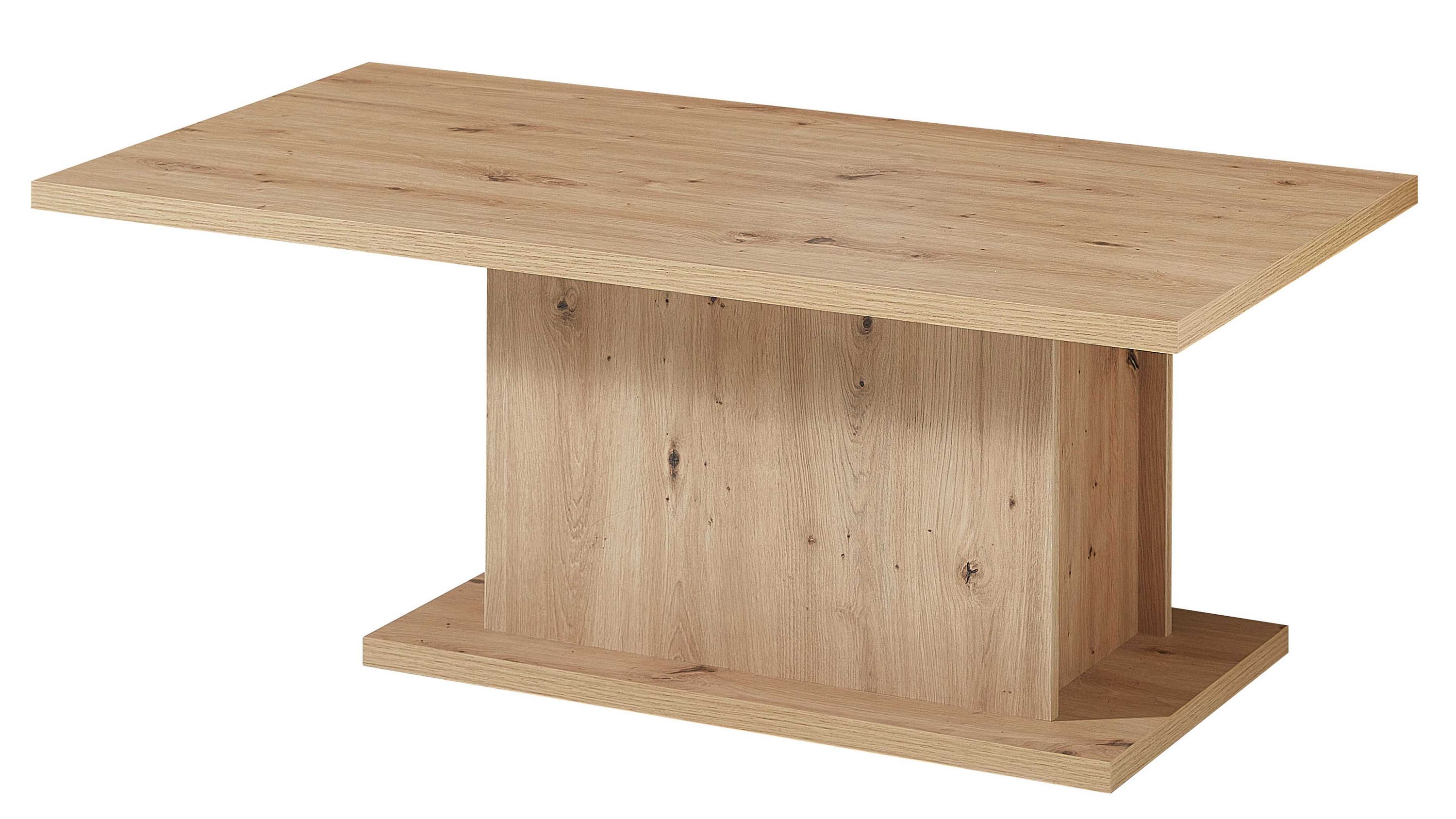 Rechteckiger Couchtisch mit breiter mittlerer Säule und Bodenplatte in heller Holzoptik