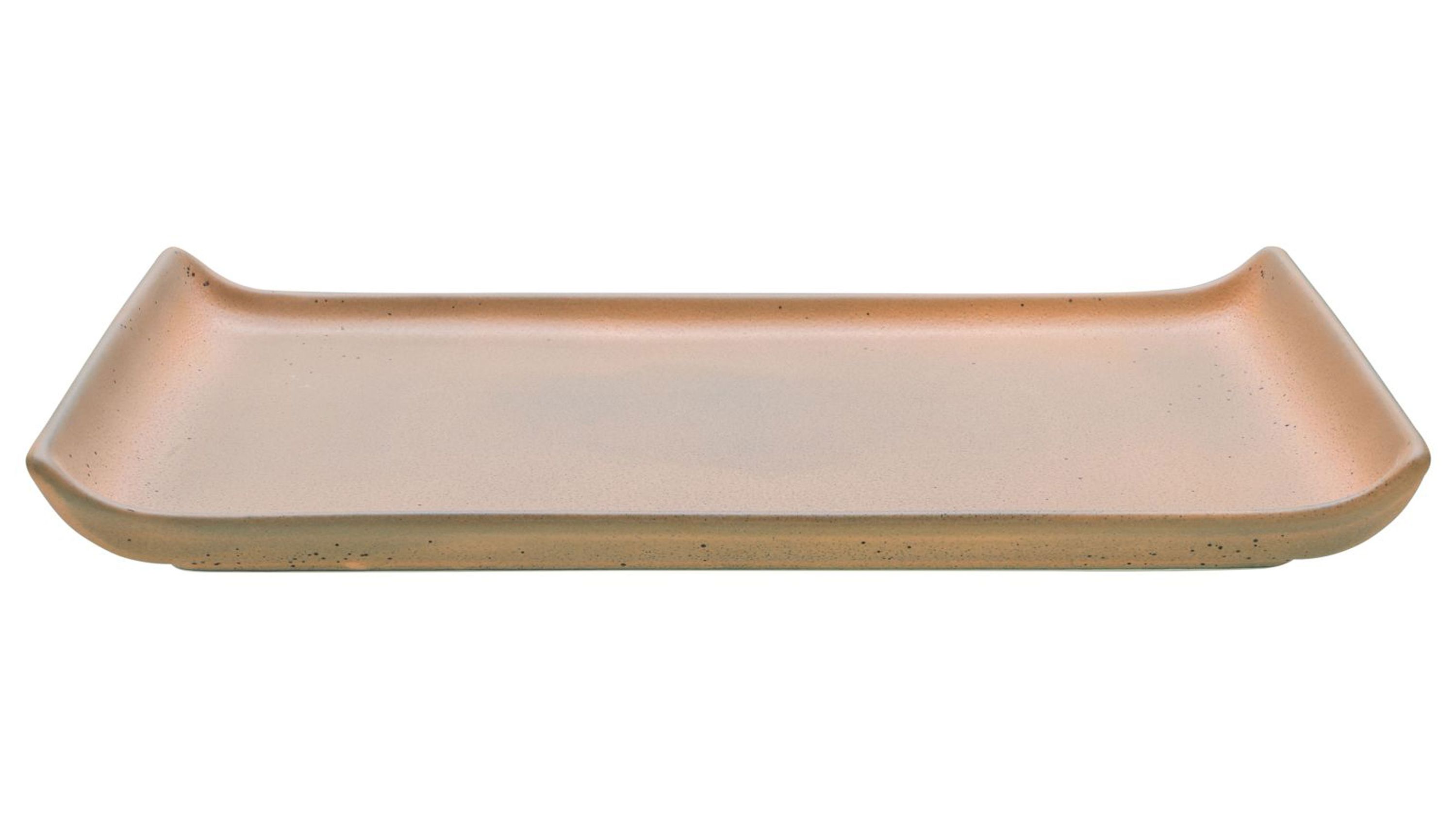 Rechteckige beige Platte mit leicht erhöhten Ecken aus Steinzeug