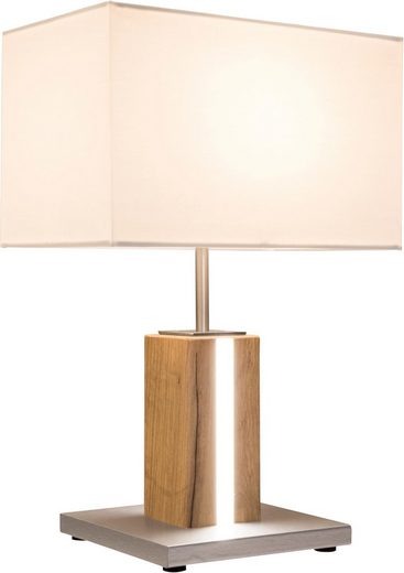Moderne Tischlampe mit weißem, rechteckigem Schirm und Metallfuß, frontal aufgenommen