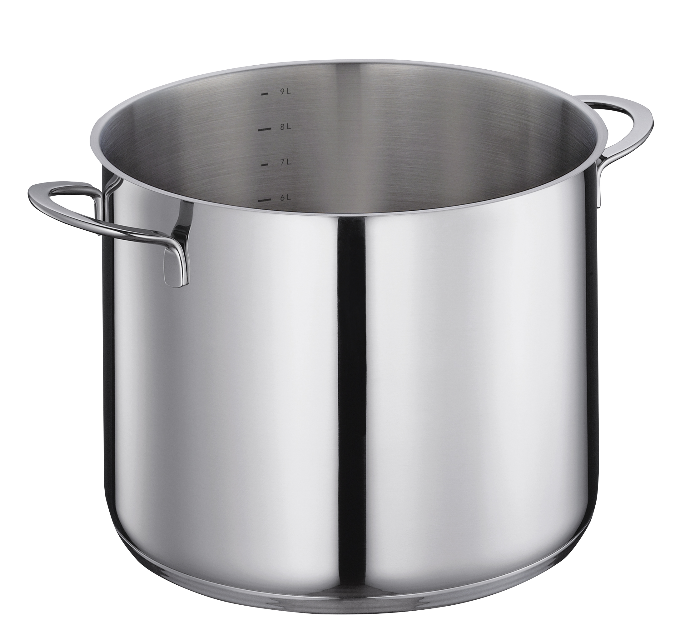 Runder Suppentopf mit zwei seitlichen Griffen und Messskala innen in silberner Farbe