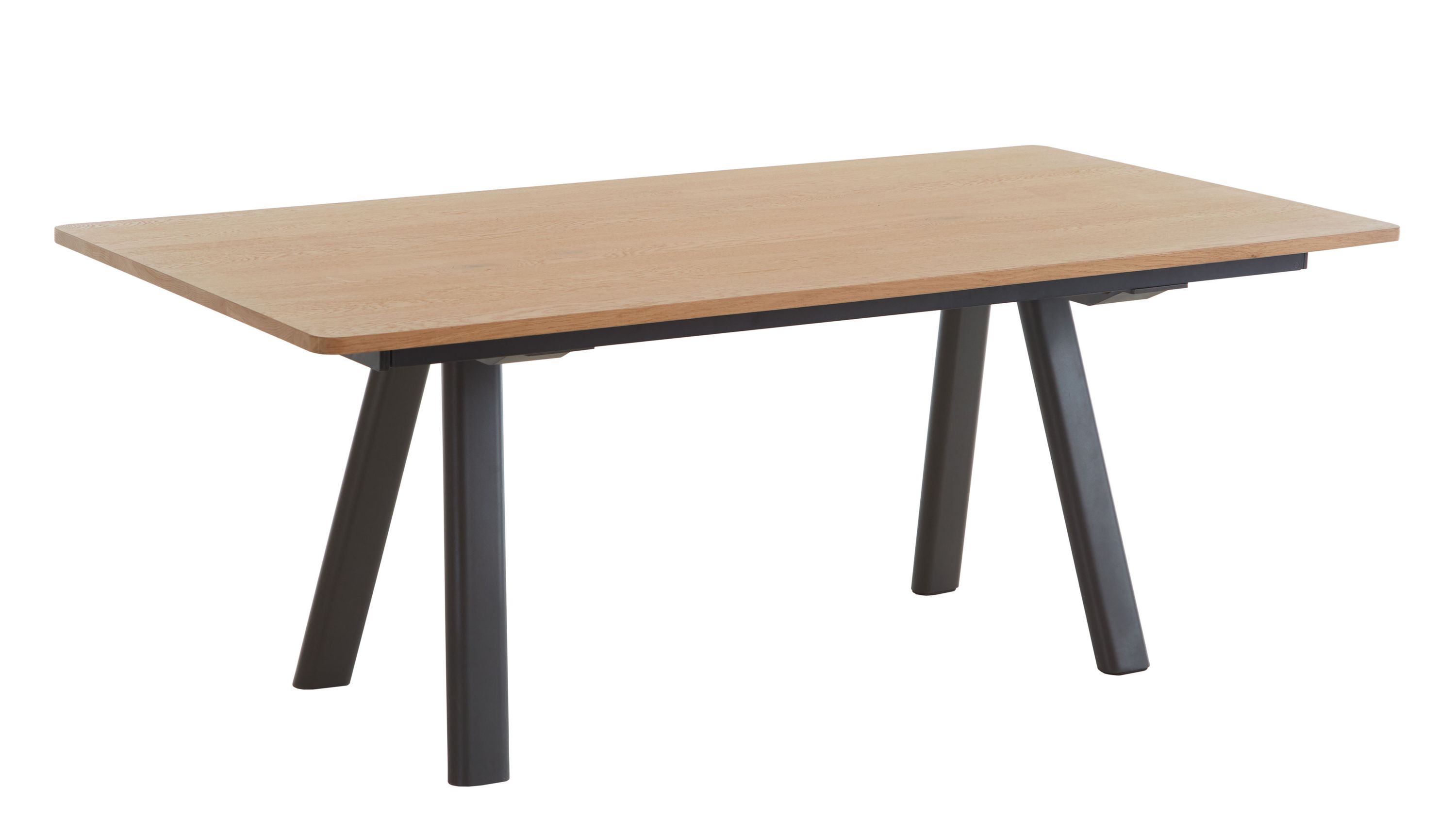 Auszugtisch mit Holzplatte und schwarzen Beinen Auszugtisch mit rechteckiger Holzplatte und vier schwarzen schrägen Beinen