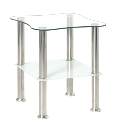 Beistelltisch mit Glasplatte und Metallbeinen Beistelltisch mit vier runden Metallbeinen weißer Ablage und unregelmäßig geformter transparenter Glasplatte.