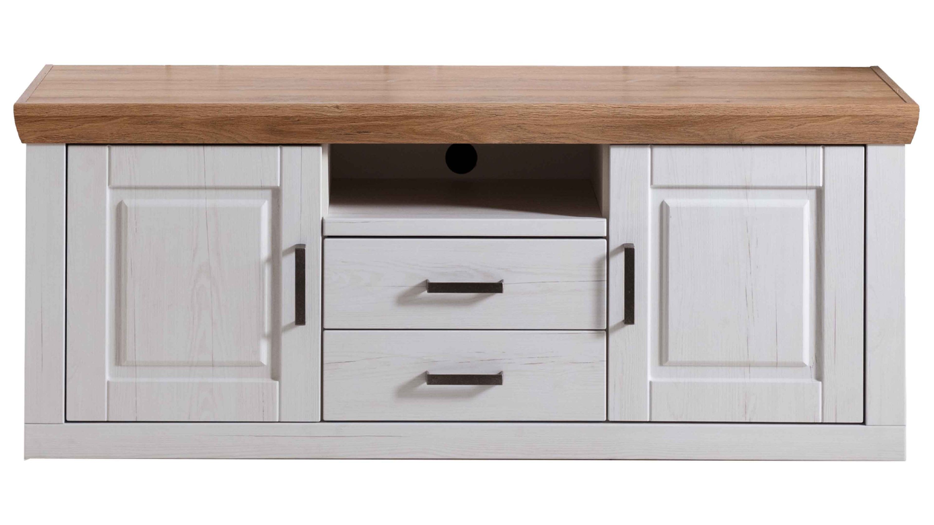 Lowboard mit Türen und Schubladen in weiß und braun Lowboard mit zwei Türen und zwei Schubladen in weiß und braun mit Metallgriffen