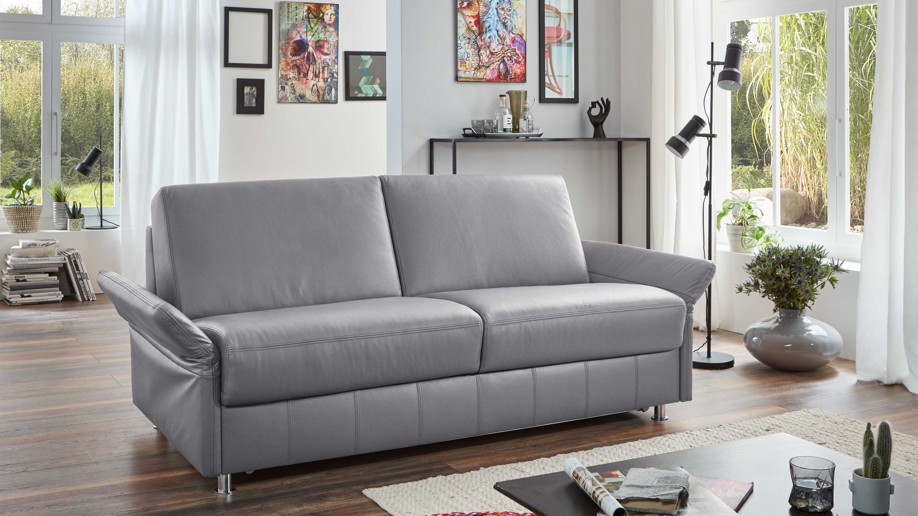 Hellgraues Sofa mit verstellbaren Armlehnen und Chromfüßen Hellgraues Sofa mit zwei Rückenlehnen und verstellbaren Armlehnen auf chromfarbenen Füßen in modernem Wohnzimmer