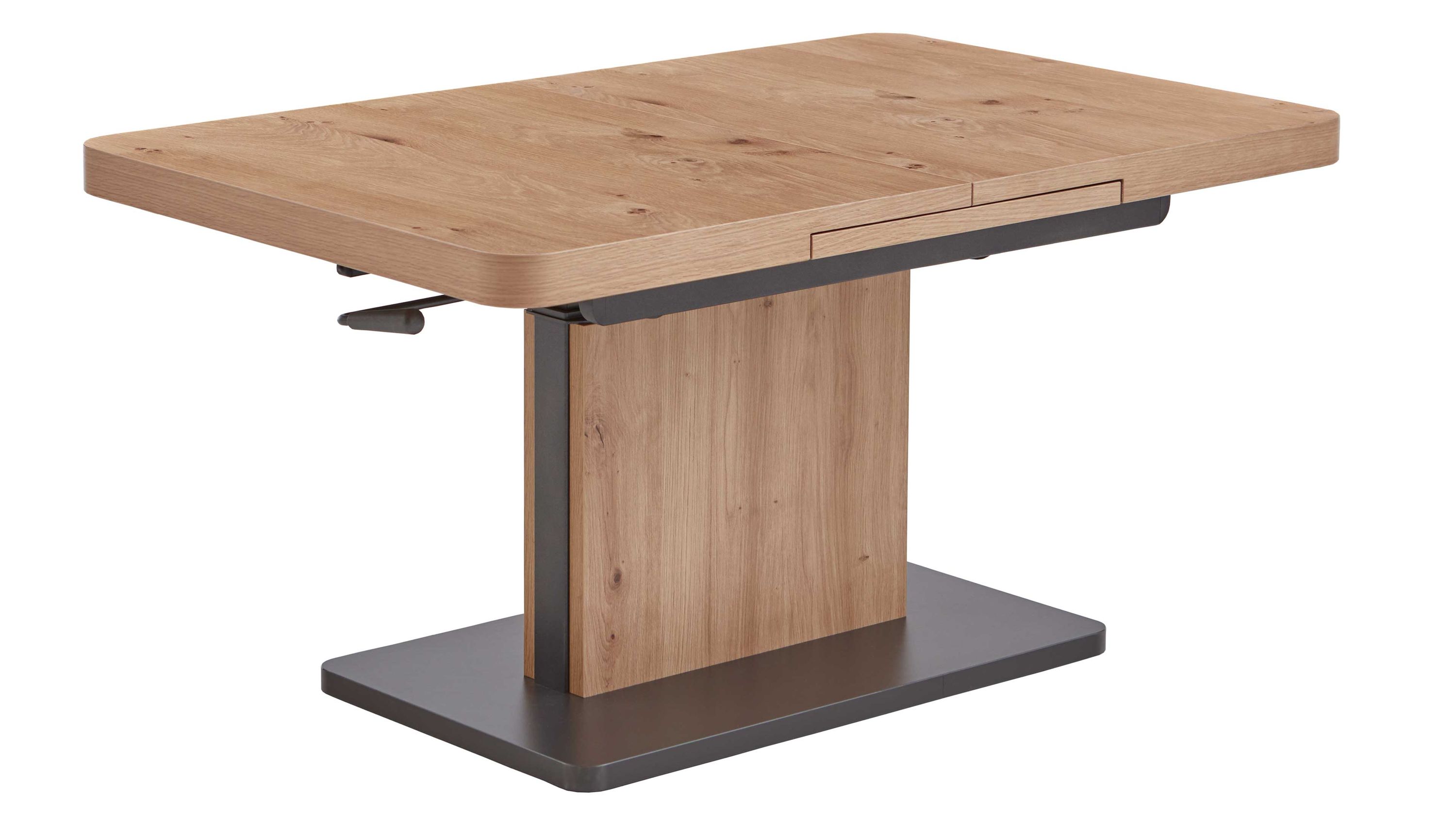 Rechteckiger Couchtisch mit Holzplatte in heller Farbe und dunklem rechteckigem Fuß