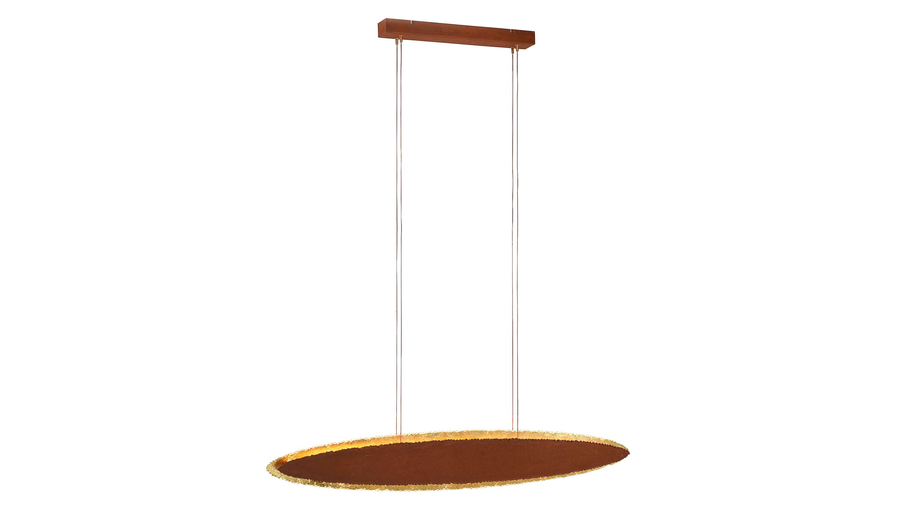 Elliptische Pendelleuchte aus rostfarbenem und goldfarbenem Metall mit zwei dünnen Aufhängungen