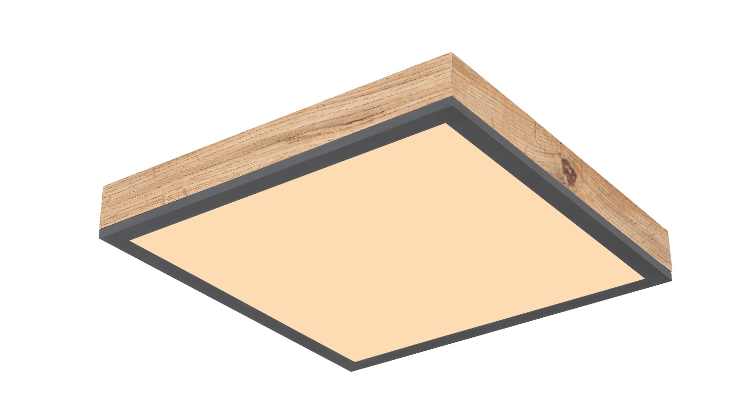 Quadratische Deckenleuchte mit Holzrahmen  schwarzem Rand und diffuser Lichtfläche  frontal freigestellt fotografiert