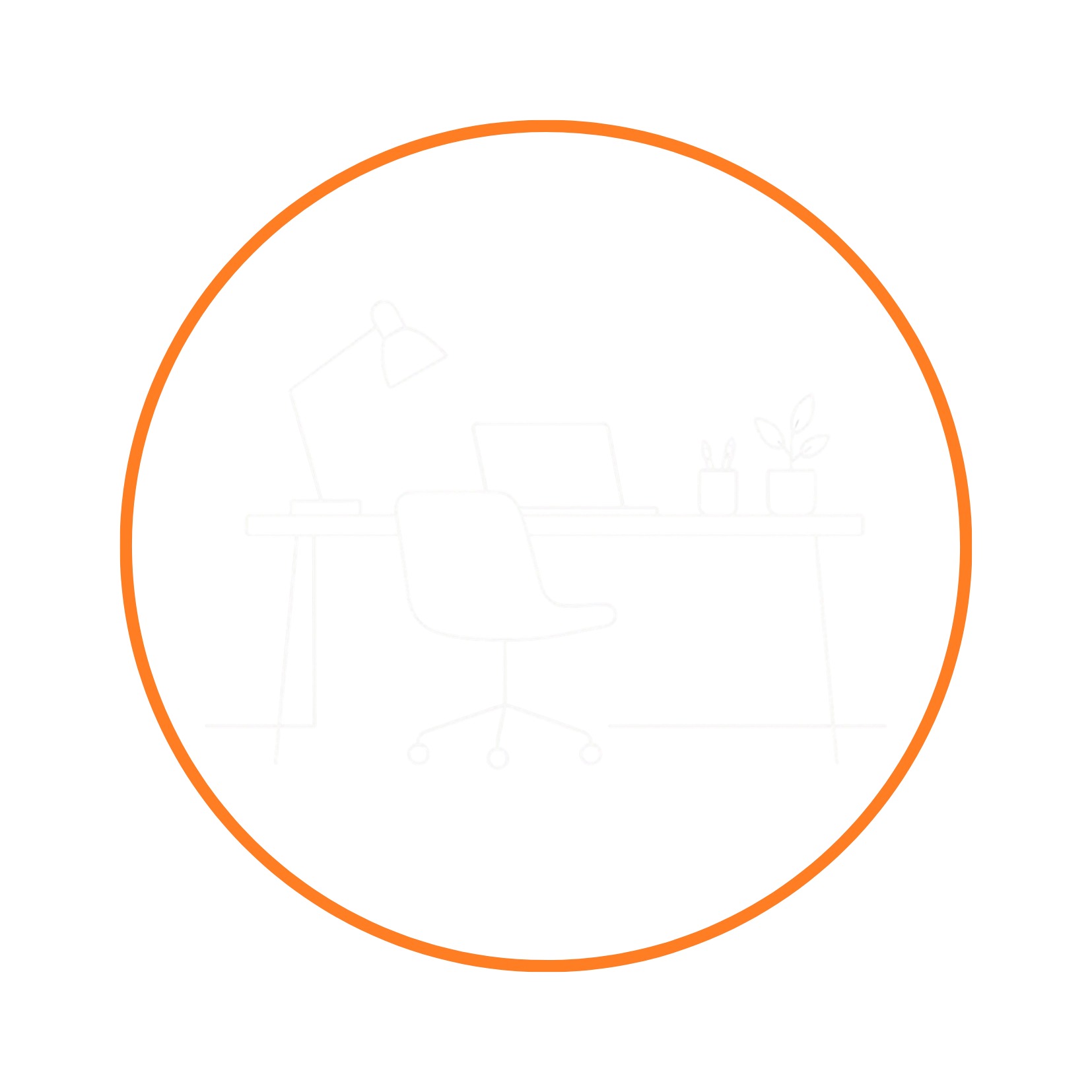 Symbolgrafik eines modernen Arbeitsplatzes mit Schreibtisch, Bürostuhl, Laptop, Schreibtischlampe und Pflanzen im orangefarbenen Kreis.