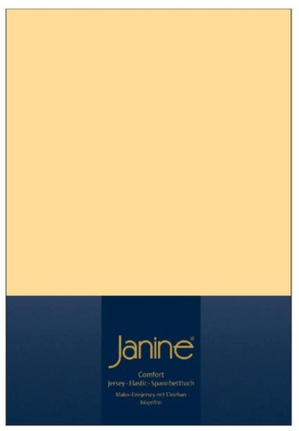 Sandgelbes Spannbetttuch in dunkelblauer Verpackung mit goldener Janine-Aufschrift frontal leicht von oben fotografiert