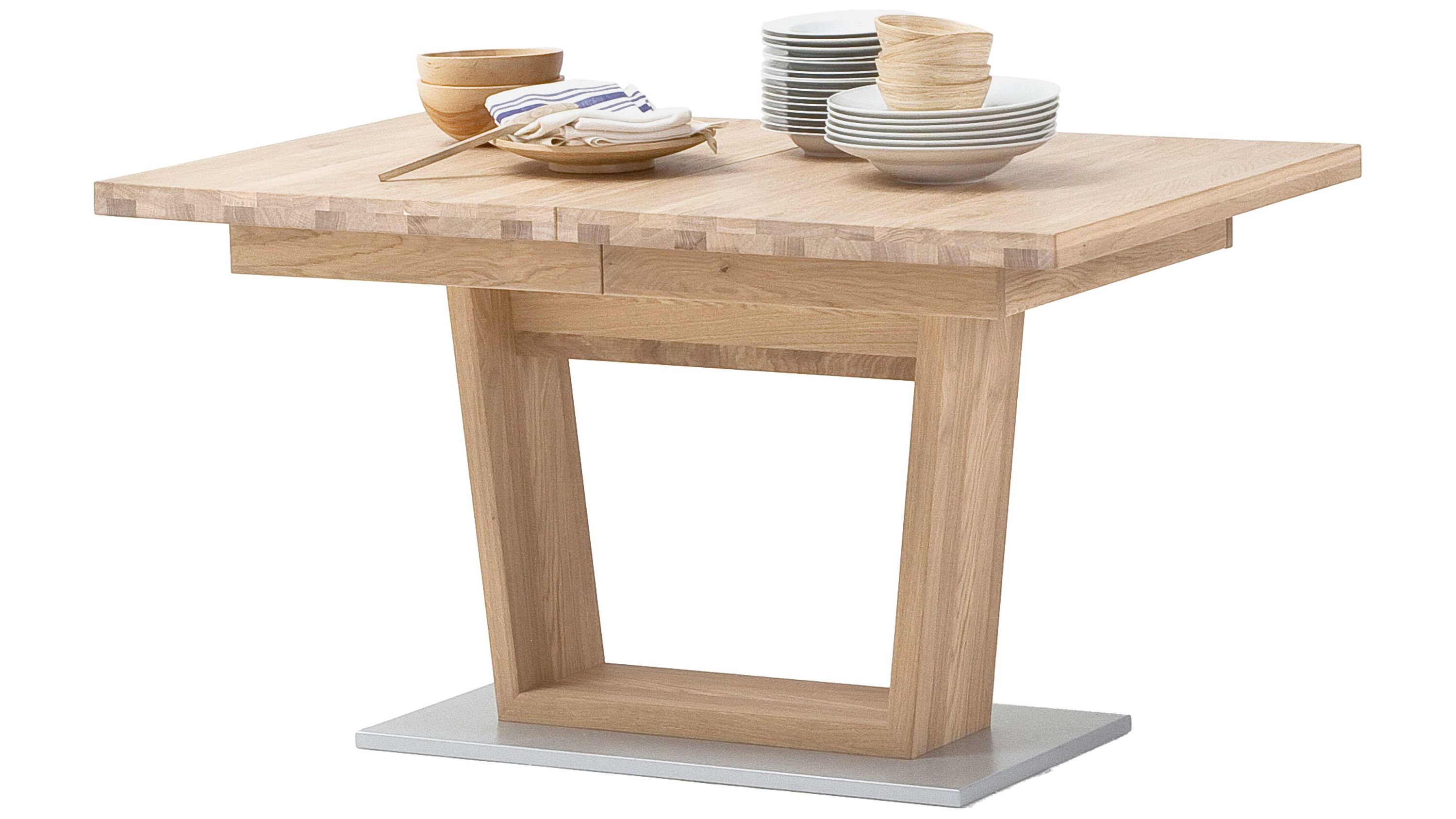 Ausziehtisch in heller Holzoptik mit mittigem Gestell Ausziehtisch mit rechteckiger Tischplatte und mittigem Gestell in heller Holzoptik