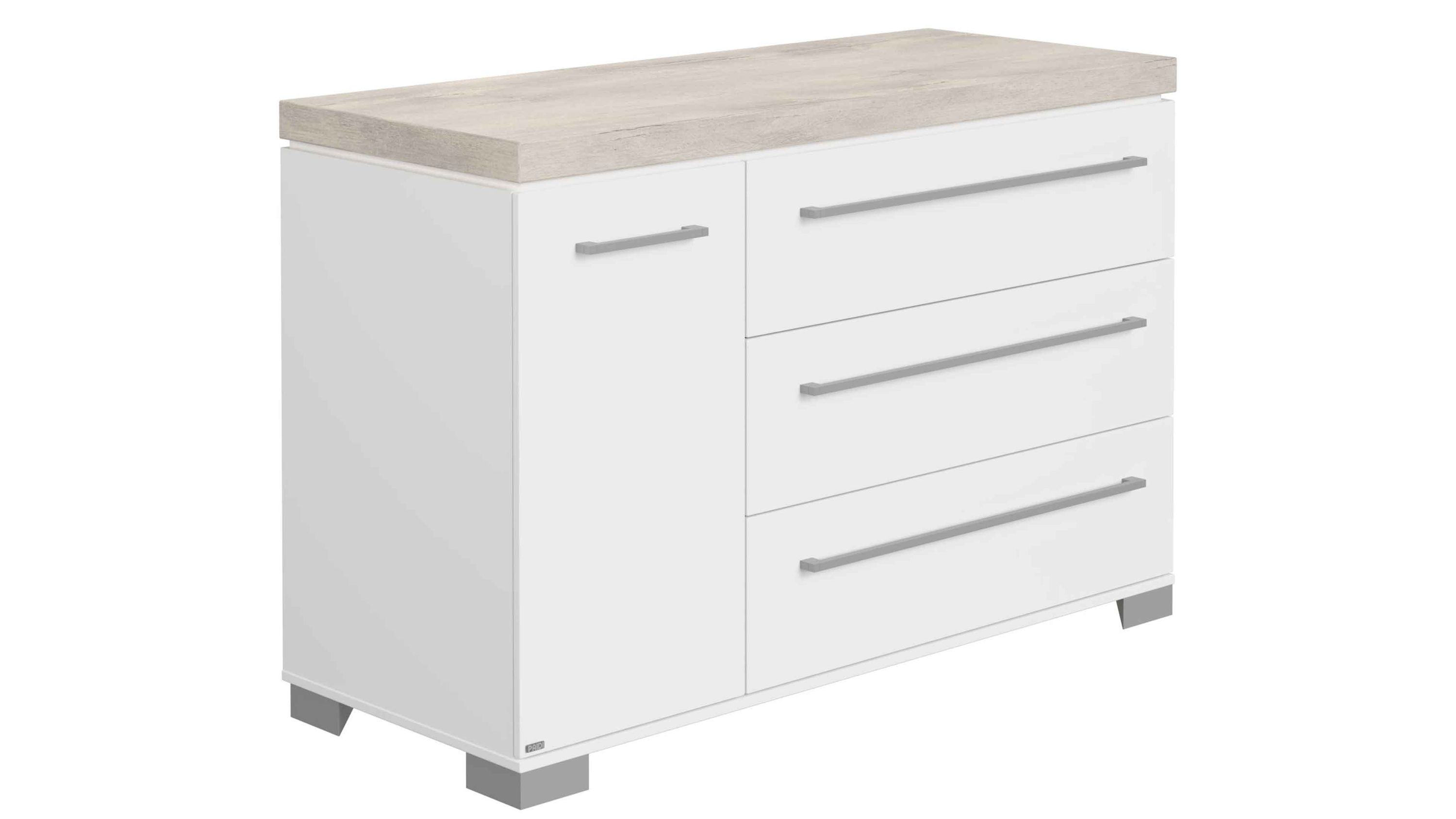 Kombikommode mit Tür und Schubladen in weiß und Holzfarben Kombikommode mit einer Tür und drei Schubladen in weiß und hellem Holzfarbenen Deckel
