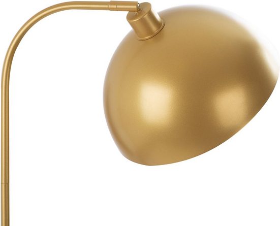Stehlampe aus goldfarbenem Aluminium mit halbkugelförmigem Schirm und schlankem Standfuß  leicht seitlich fotografiert