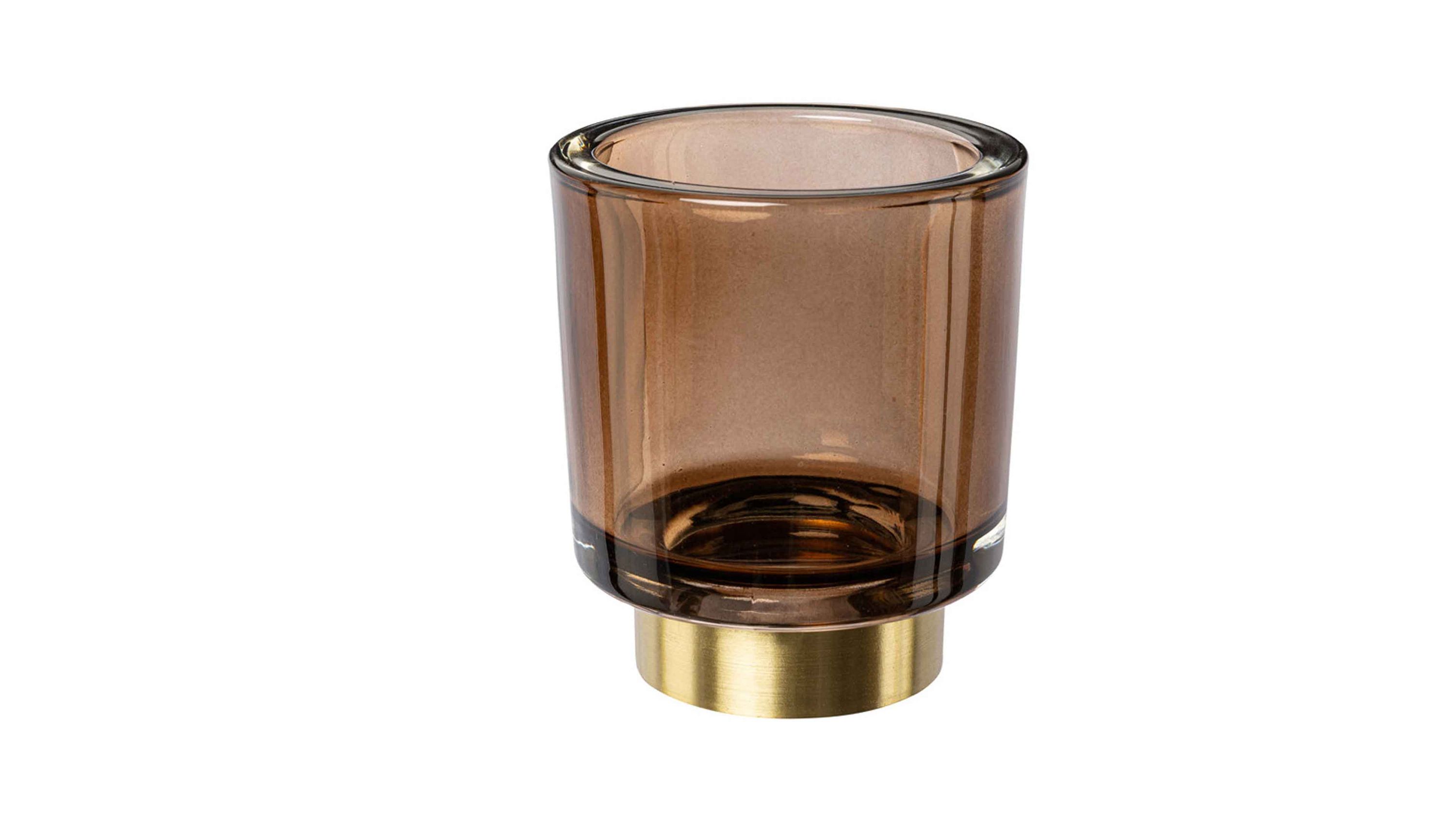 Braunes rundes Teelichtglas mit glatter Oberfläche und goldfarbenem Sockel