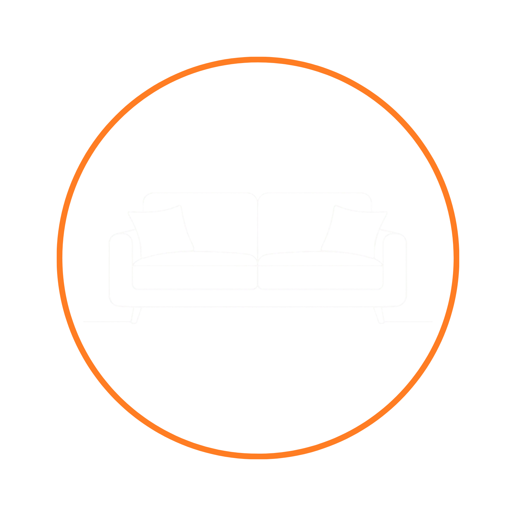 Symbolgrafik eines modernen Sofas mit zwei Sitzplätzen und Zierkissen im orangefarbenen Kreis.