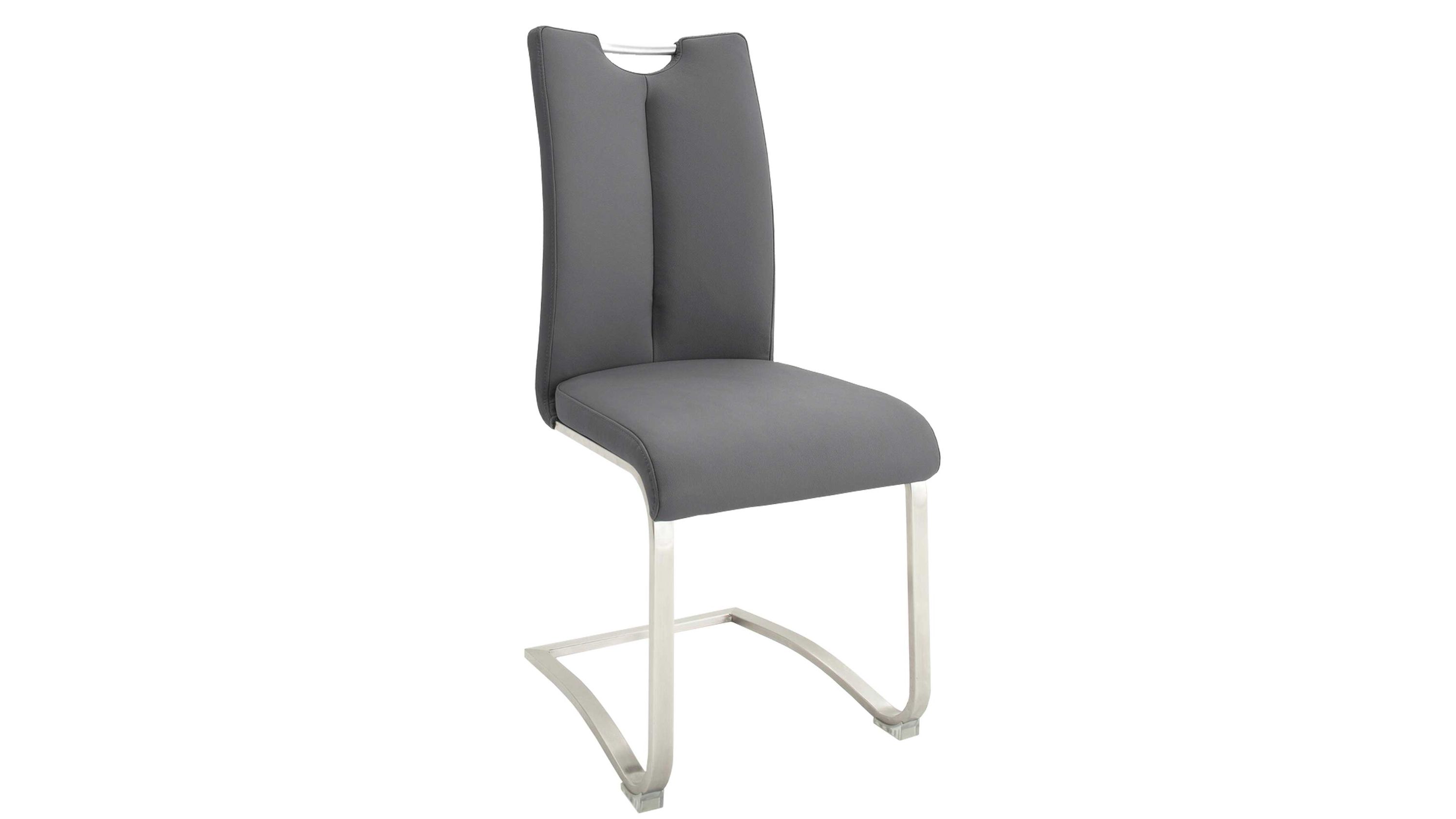 Schwingstuhl mit grauem Sitz und Edelstahlgestell Grauer Schwingstuhl mit gepolsterter Rückenlehne und Sitzfläche Edelstahlgestell