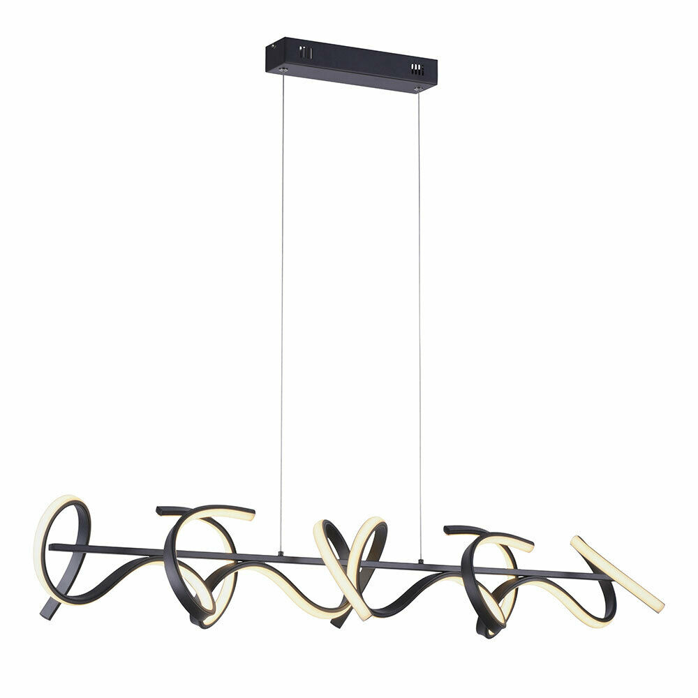 Moderne LED-Pendelleuchte mit Wellenform Moderne schwarz-weiße LED-Pendelleuchte mit wellenförmigem Design, hängt an zwei dünnen Seilen von der Decke