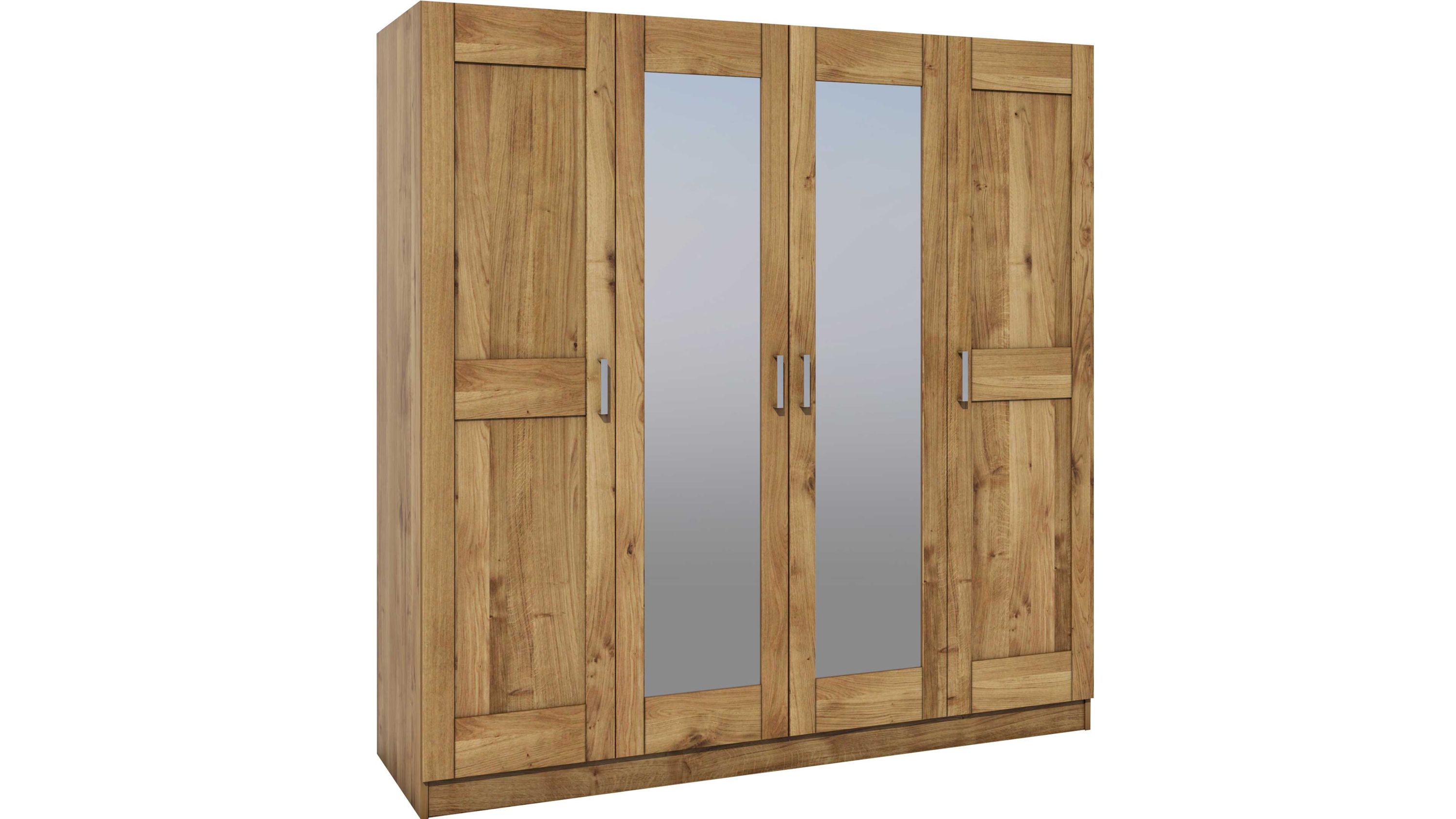Kleiderschrank mit vier Türen und Spiegeltüren in Holzoptik Viertüriger Kleiderschrank mit zwei Spiegeltüren in der Mitte und Holzoptik in hellbraun
