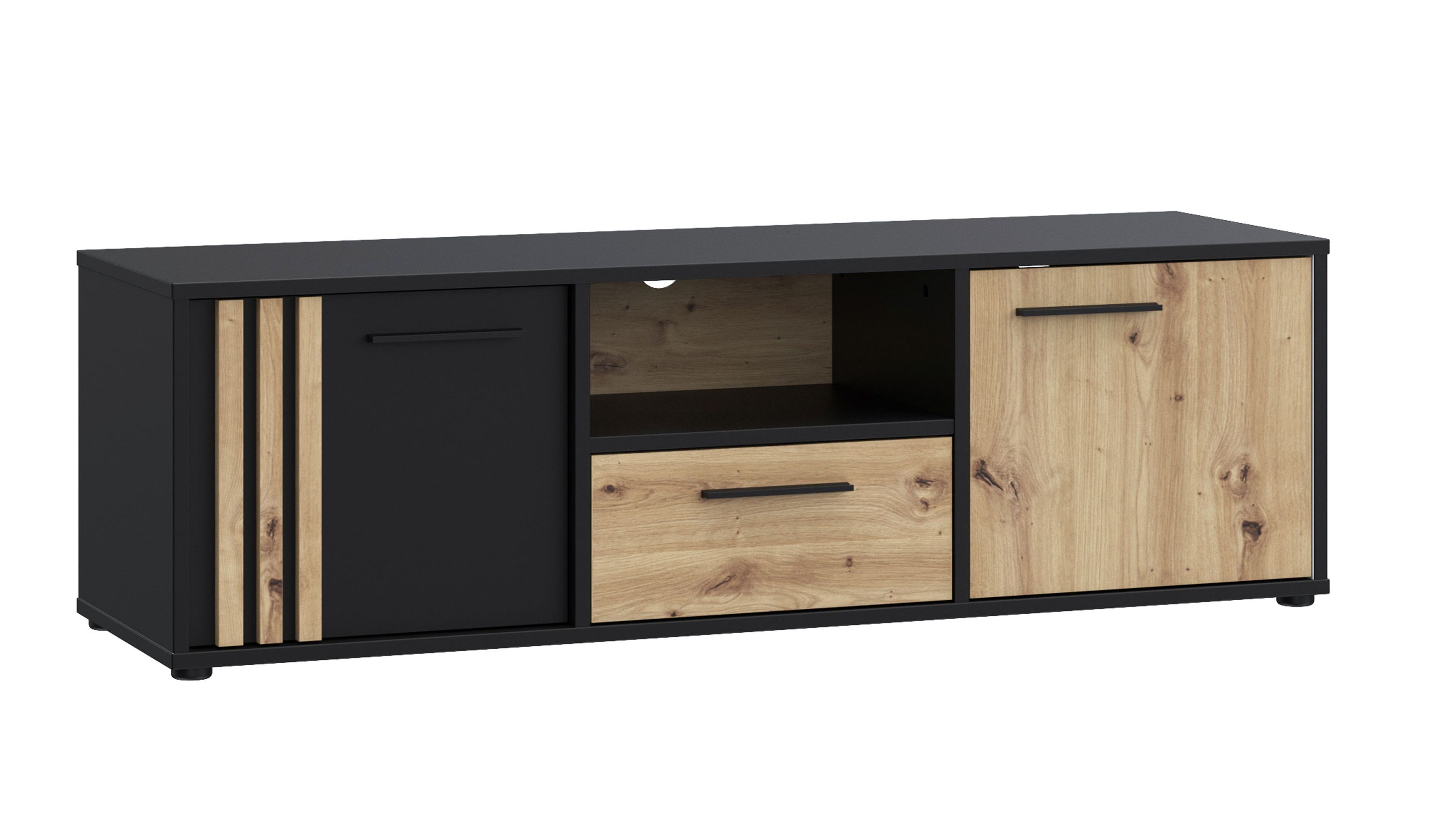 Schwarze Kommode mit Holzfronten und Schublade Schwarze Kommode mit drei Fächern zwei Türen und einer Schublade in heller Holzoptik