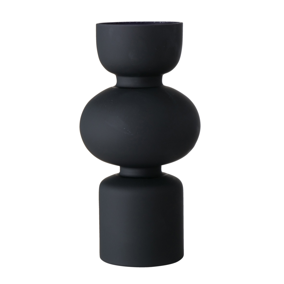Moderne abstrakte schwarze Vase Schwarze, moderne Vase mit einzigartiger Form aus drei Segmenten; frontal aufgenommen