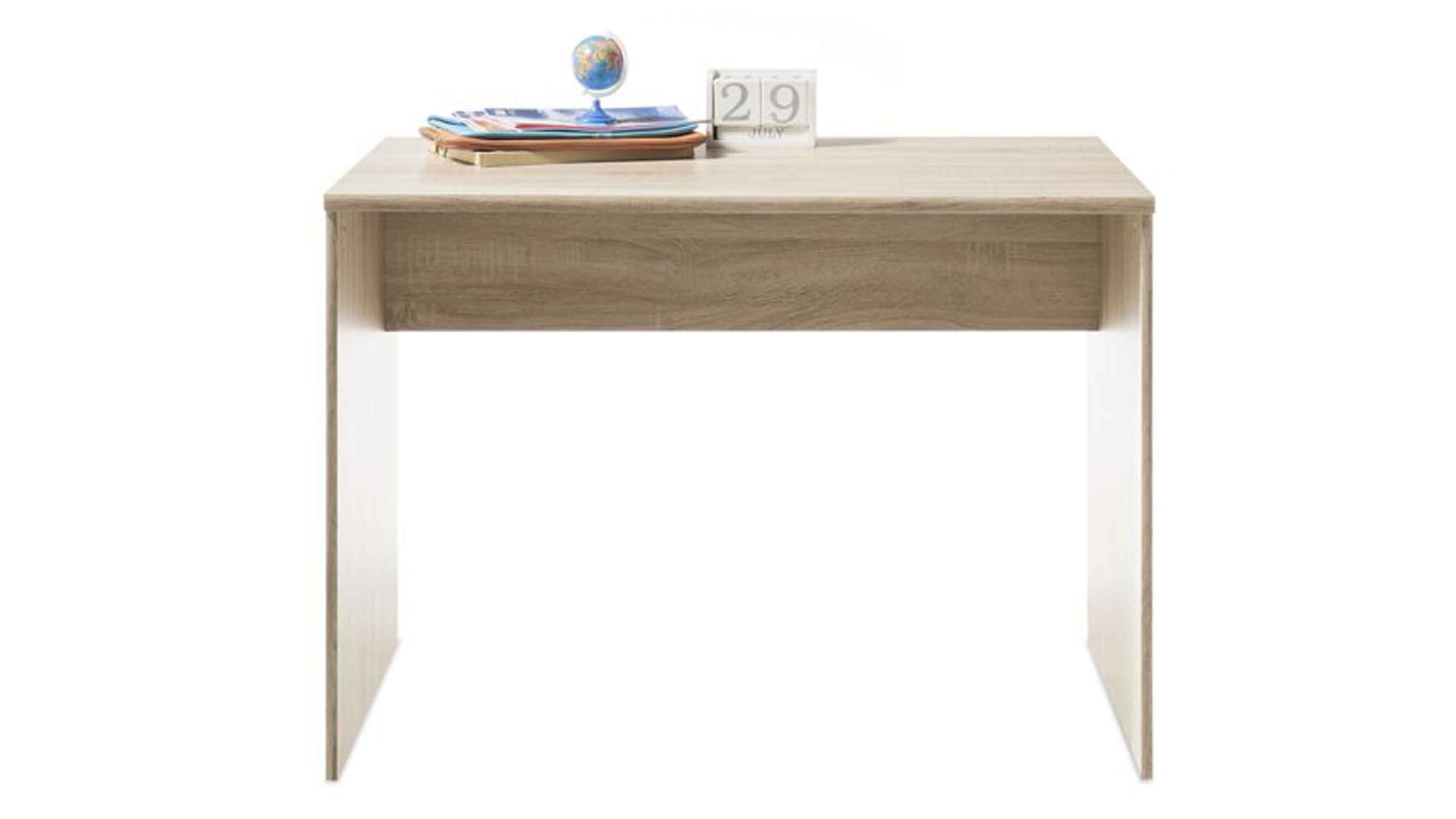 Schreibtisch mit rechteckiger Platte und seitlichen Wangen in heller Holzoptik mit Dekoration